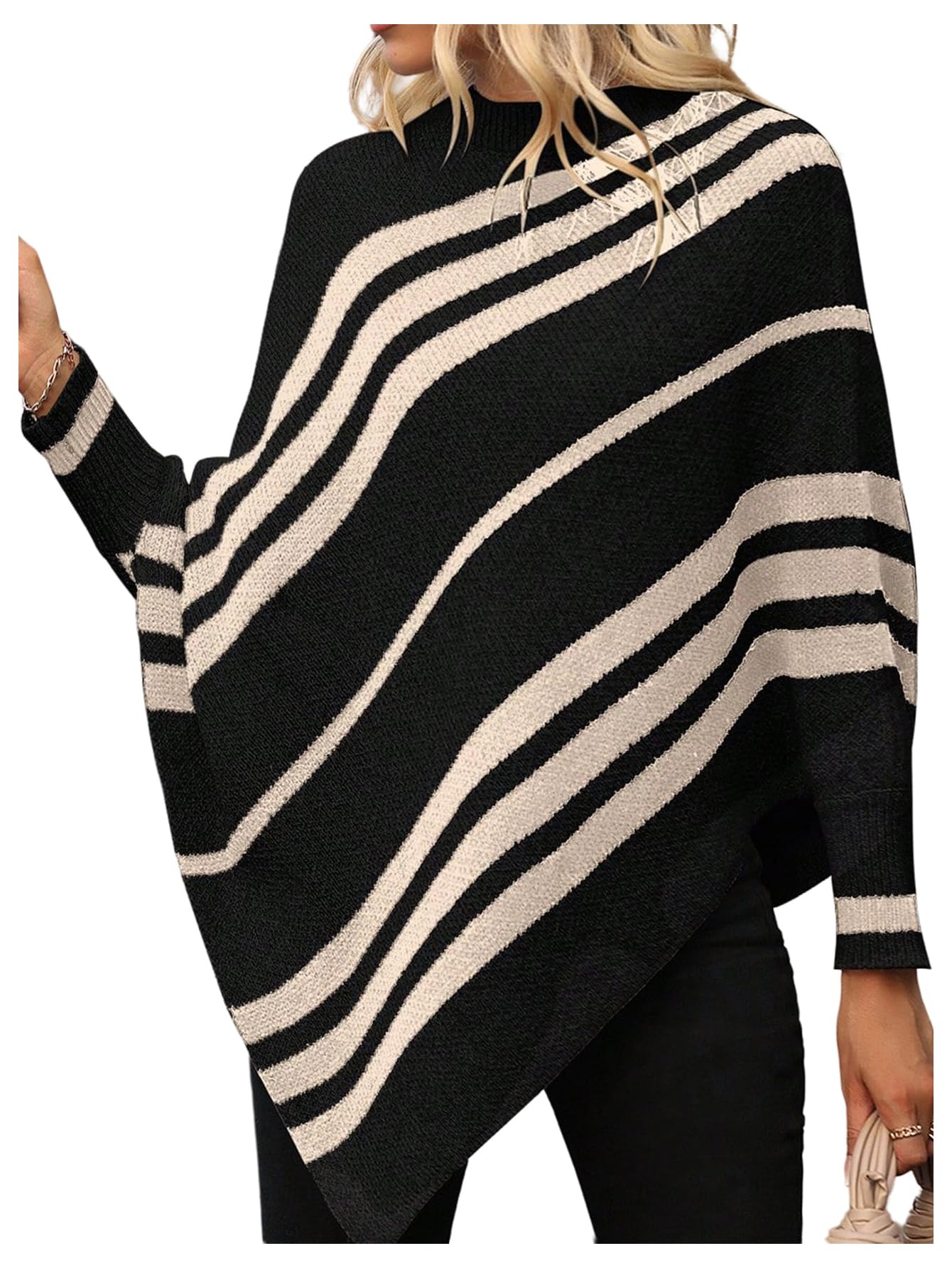 Milumia Womens Striped Mock Neck Knitted Poncho Sweater Dolman Long Sleeve Loose Tops