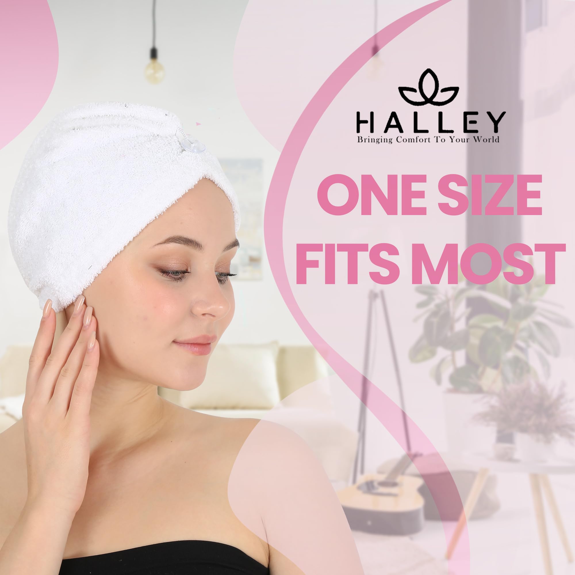 HALLEY Toalla de algodón para el cabello (3 paquetes), toalla de cabello súper absorbente de secado rápido para cabello grueso, turbantes para cabello húmedo con botón (blanco)