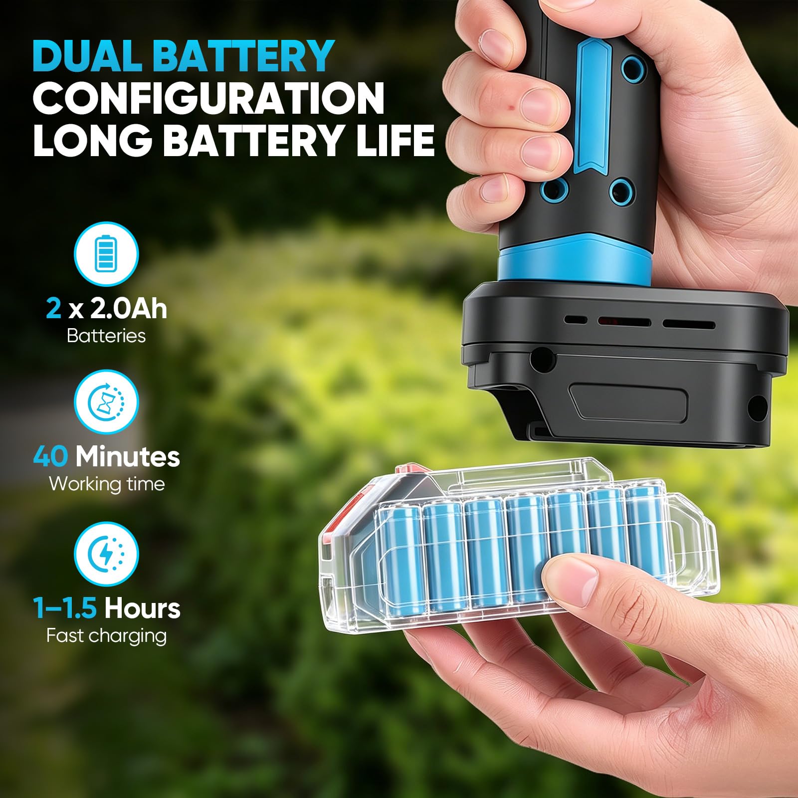 Cortasetos telescópico con batería de 2 x 2,0 Ah y cargador rápido, 550 W, 22000 rpm, hoja doble de 16 pulgadas, cabezal ajustable de 90°, 2,80 metros/9 pies de mango largo para el cuidado de arbustos