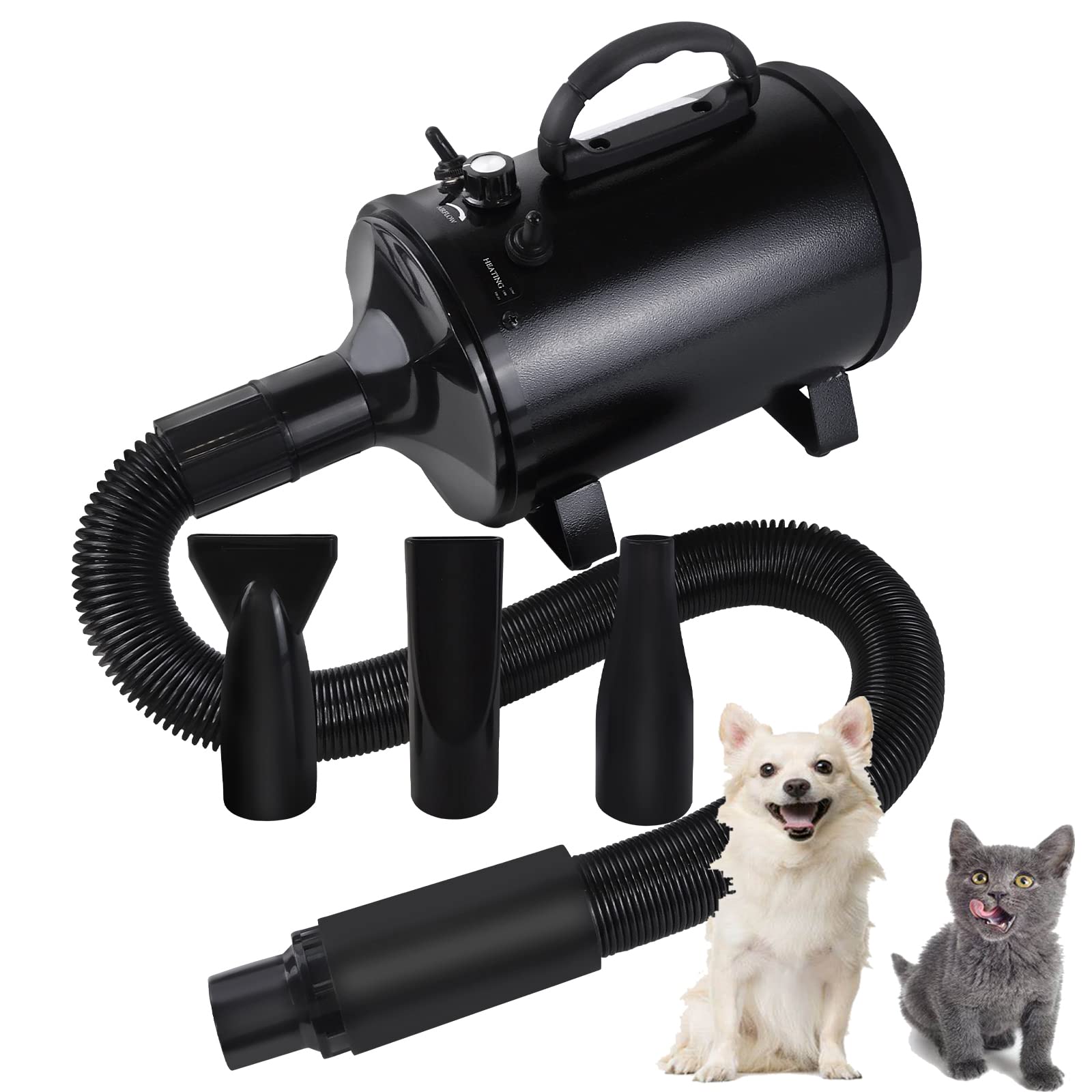 ANSIMIDA Stepless Dog Blaster Dryer, 2800W Pet Dryer for Small/Mdedium/Large Dogs, Dog Grooming Blower with Heat, Adjustable Air Force Blaster for Dog, with 3 Nozzles