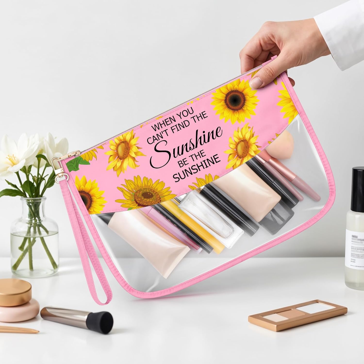 Sunflower Makeup Bag for Women Inspirational Gifts for Women Friends Christmas Birthday for Mom Teacher Coworker Clear Cosmetic Bag Sunflower Themed Graduation Gifts for Daughter Travel Toiletry Pouch - Image 4