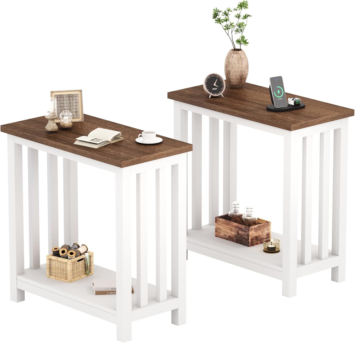 ChooChoo Farmhouse End Tables Set of 2, Narrow Side Tables for Small Spaces, Night Stands with Storage Shelf for Living Room and Bedroom, White and Brown White 2