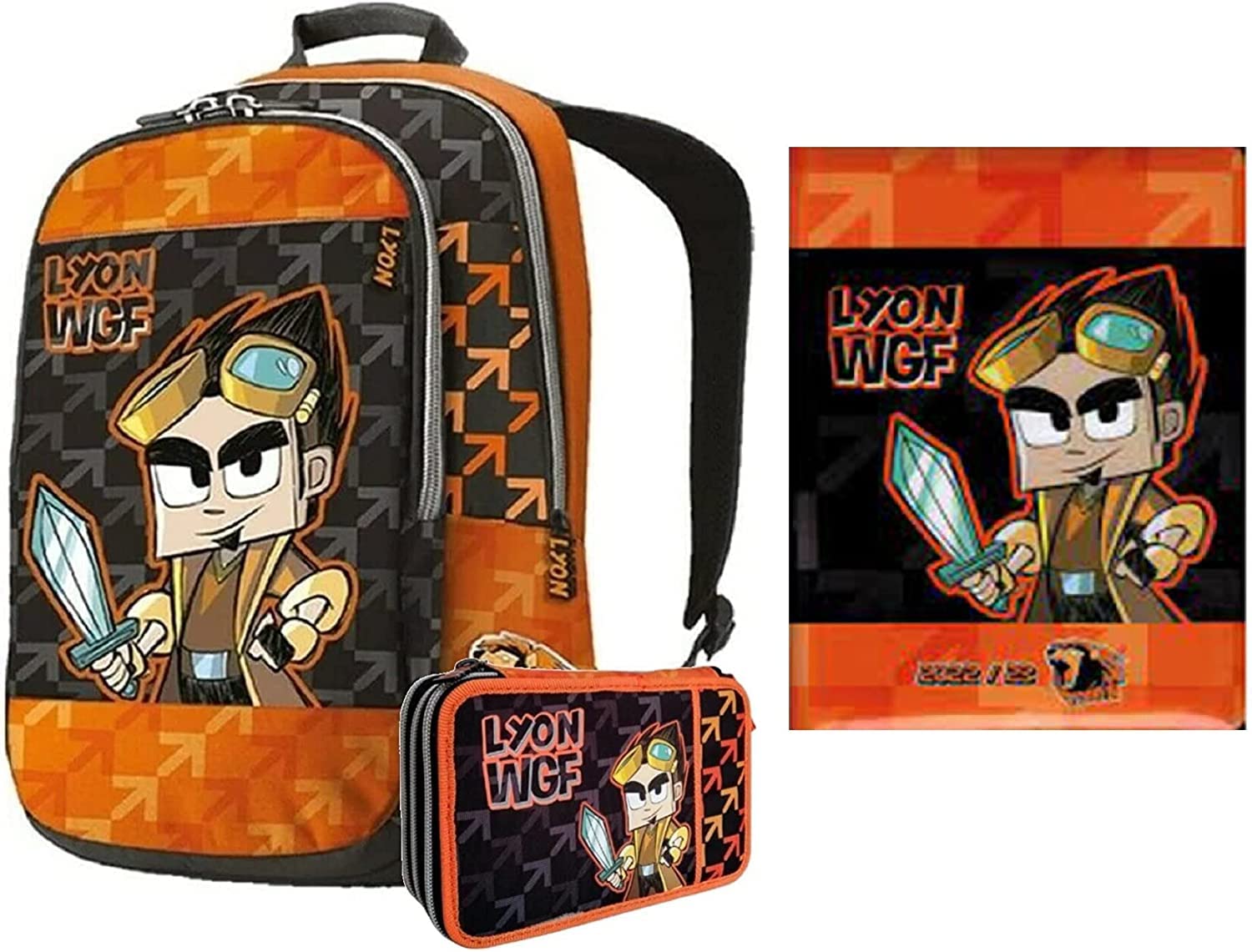 NEKA SET SCUOLA LYON GAMER -ZAINO DOPPIO SCOMPARTO + ASTUCCIO 3 ZIP 4SCHOOL + DIARIO 12 MESI ! 2022/2023 panini kit scuola completo lyon gamer