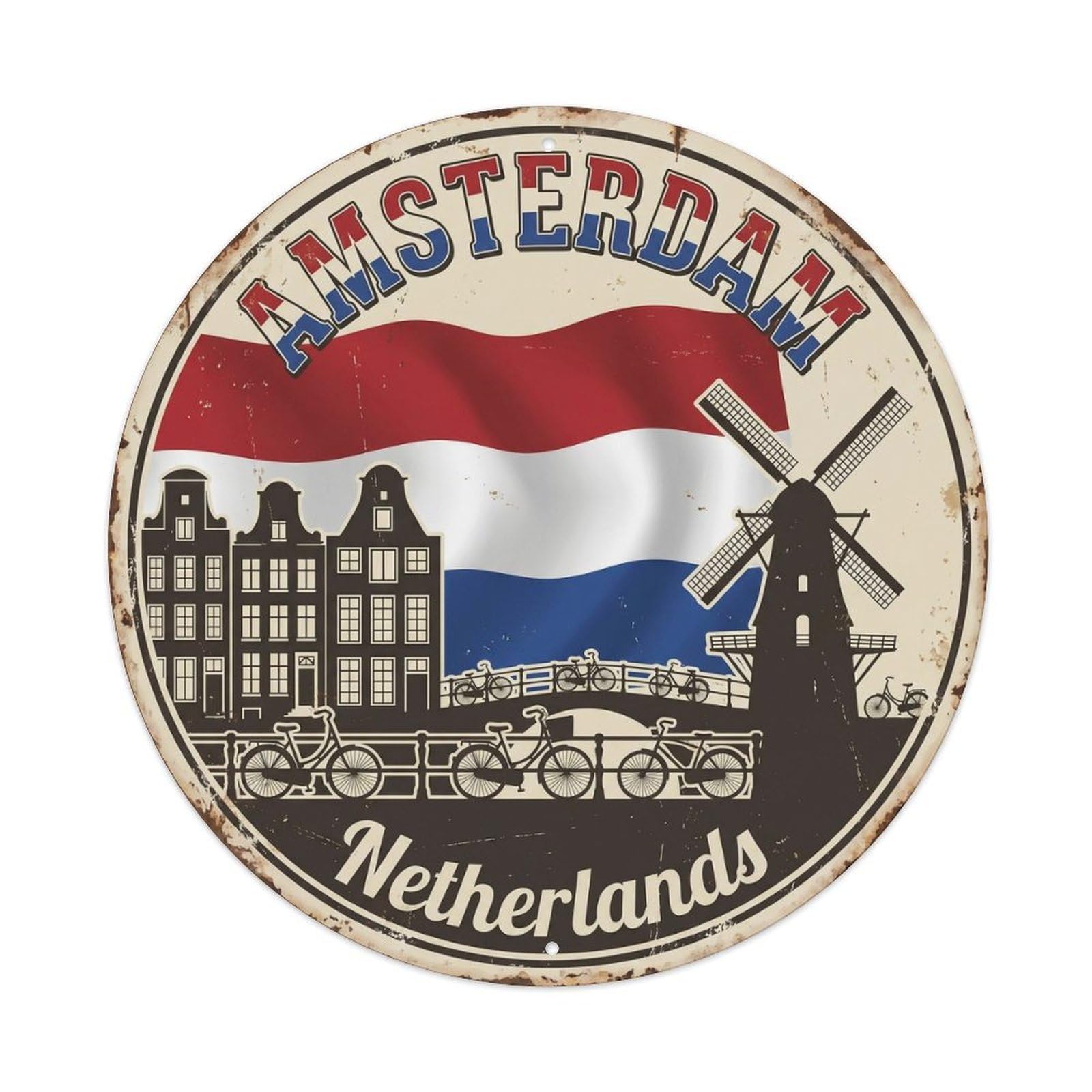 Vintage Travel Amsterdam Dutch Flag Metal Tin Sign Plaque Wall Decor for Cafe, Club, Garden Round Metal Poster 8x8Inch