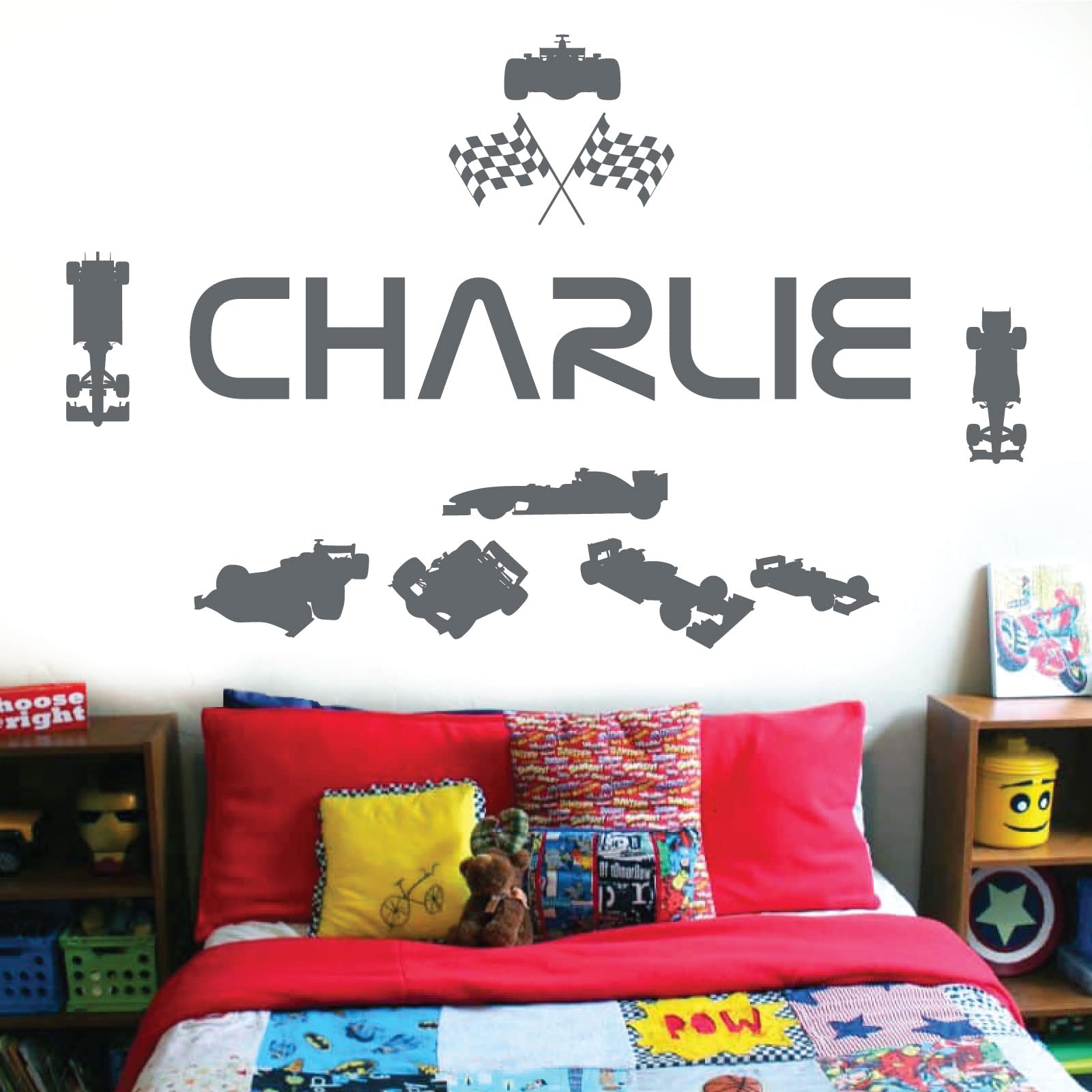 Personalised Name Children Wall Art Sticker - Racing Driver Formula 1 Cars Sport [Medium] [Dark Grey]