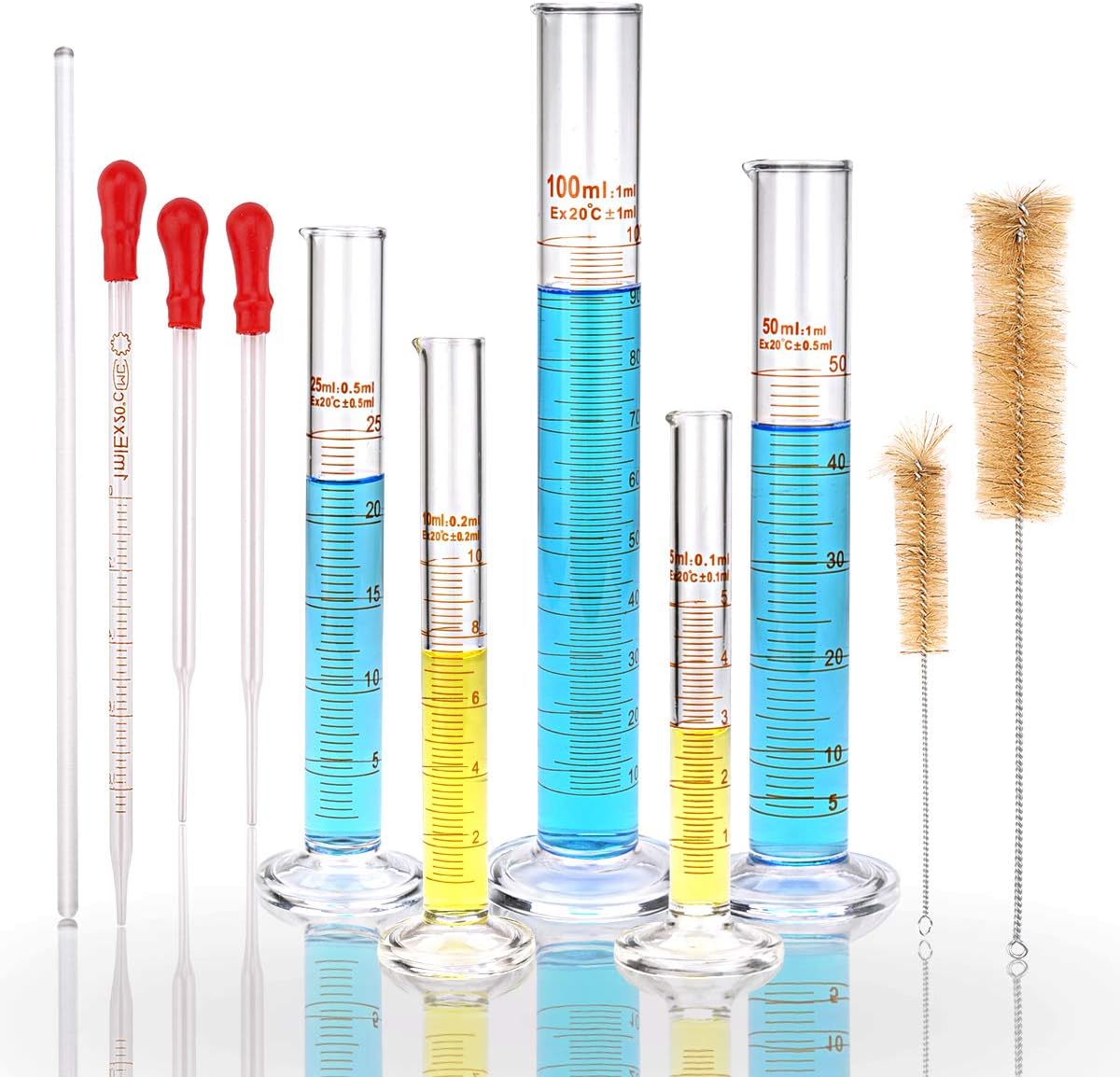 moveland Glass Graduated Measuring Cylinders Set - 5ml/10ml/25ml/50ml/100ml, Premium Borosilicate Cylinders Kit with 3 Pipettes + 2 Clear Brushes + 1 Stirring Rod
