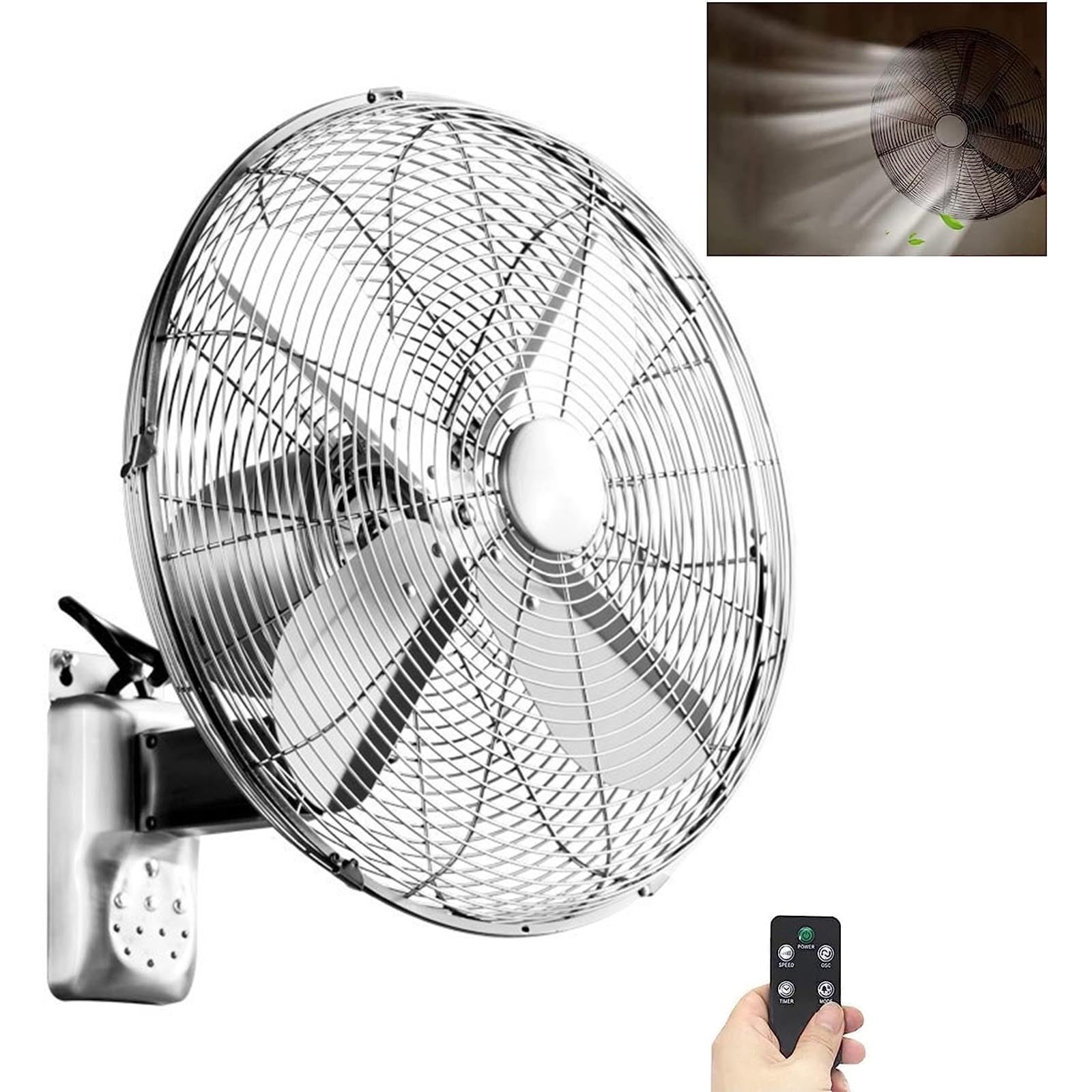 Gvqng Wall Mounted Oscillating Fan,16/18 inch Shop Fan, Retro Metal Cooling Shop Fan, Remote Control 90 Degree Oscillating Fan, for Patios Waterproof Bedroom Home Kitchen,silver,18in