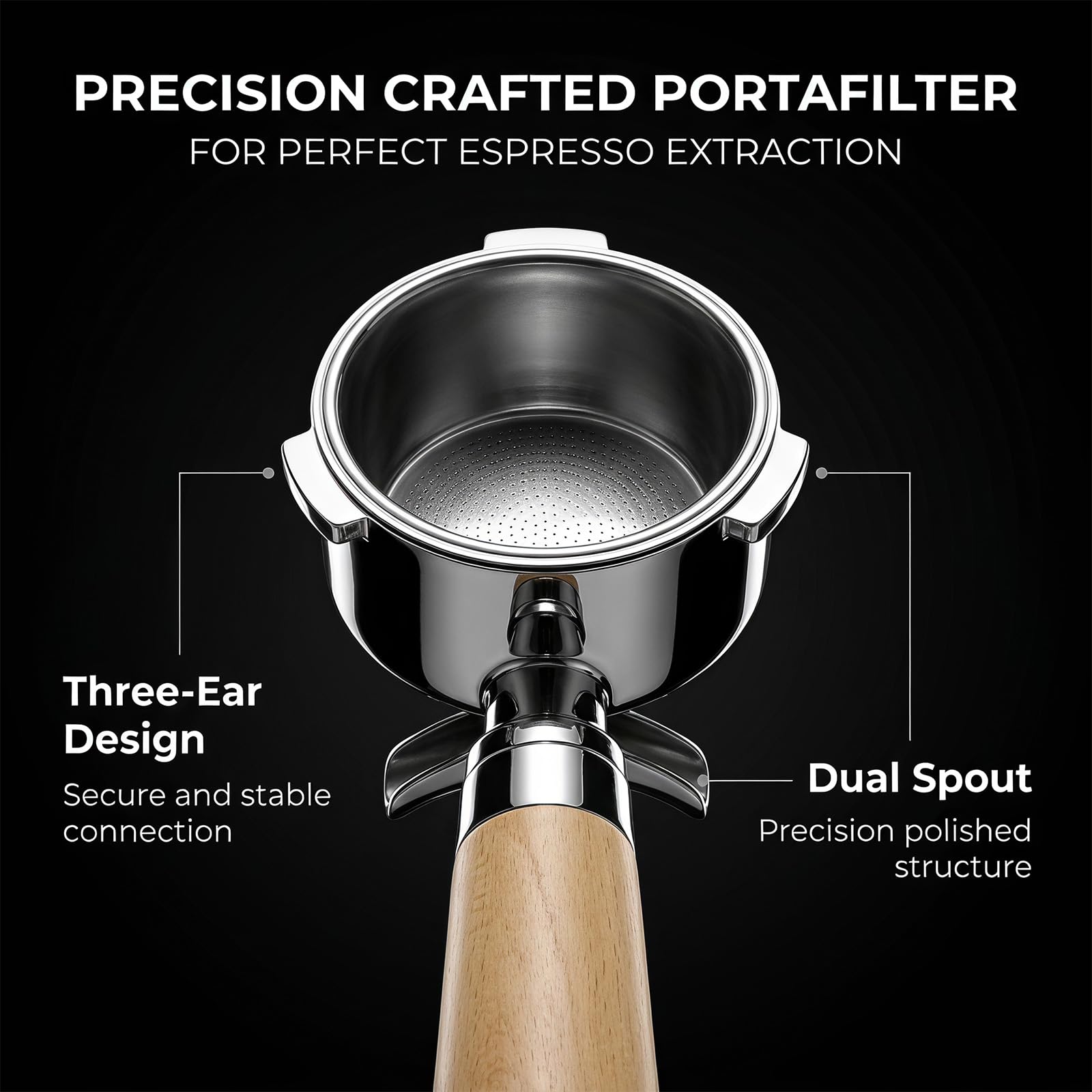 Espresso - Filtro portafiltro de doble caño (3 orejas, mango ergonómico de madera premium, incluye cesta sin presión, portafiltro de 51 mm, para DeLonghi Dedica EC680 EC685 y Smeg)
