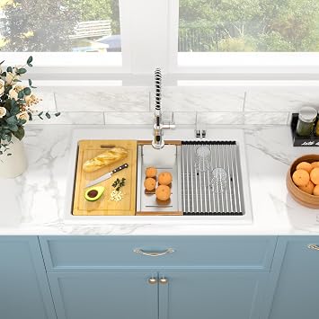 Sarlai 33 Inch Composite Granite Kitchen Sink Drop In - 33x22 Inch White Kitchen Sink Workstation Granite Topmount Sinks White Quartz Classic Above Counter Single Bowl Basin