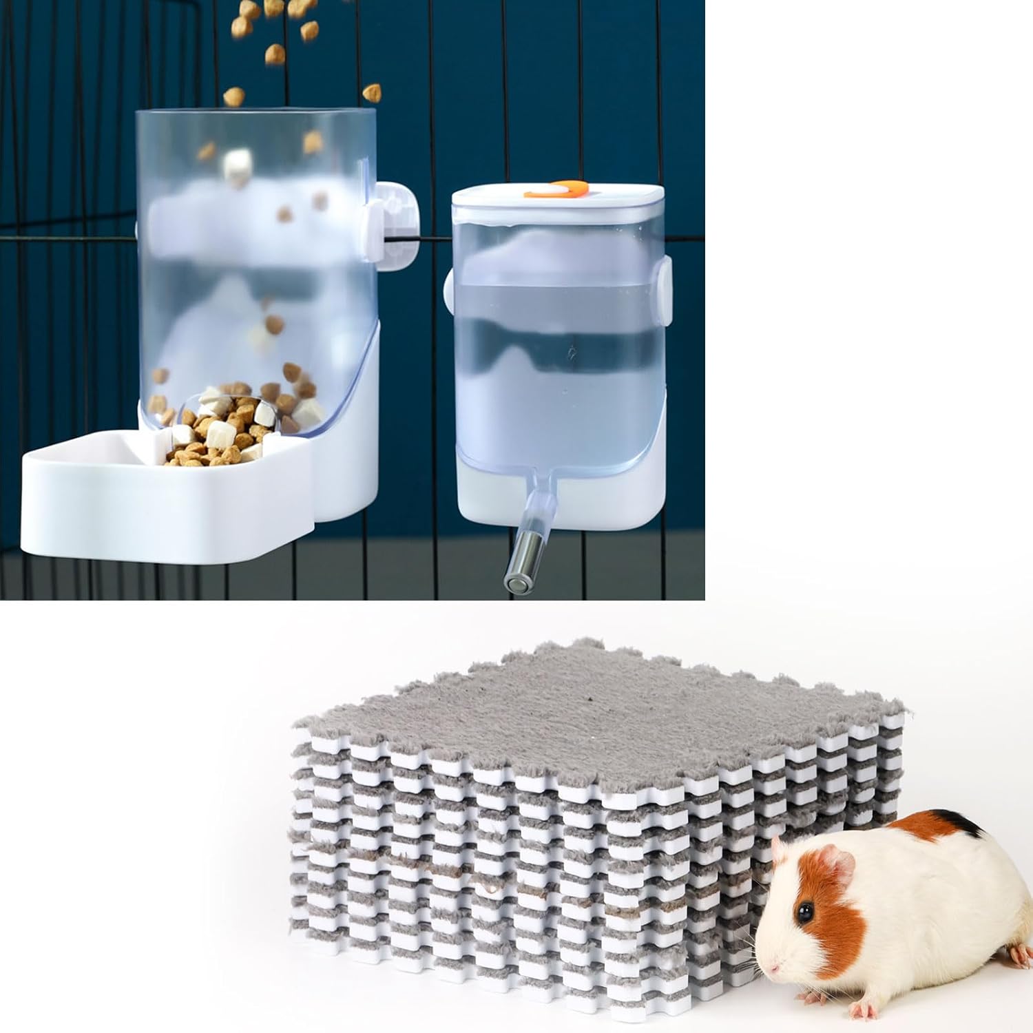 Oncpcare 34oz Automatic Rabbit Food Feeder for Cages, 24oz Rabbit Water Dispenser, 10Pcs 11” x 11” Guinea Pig Pads