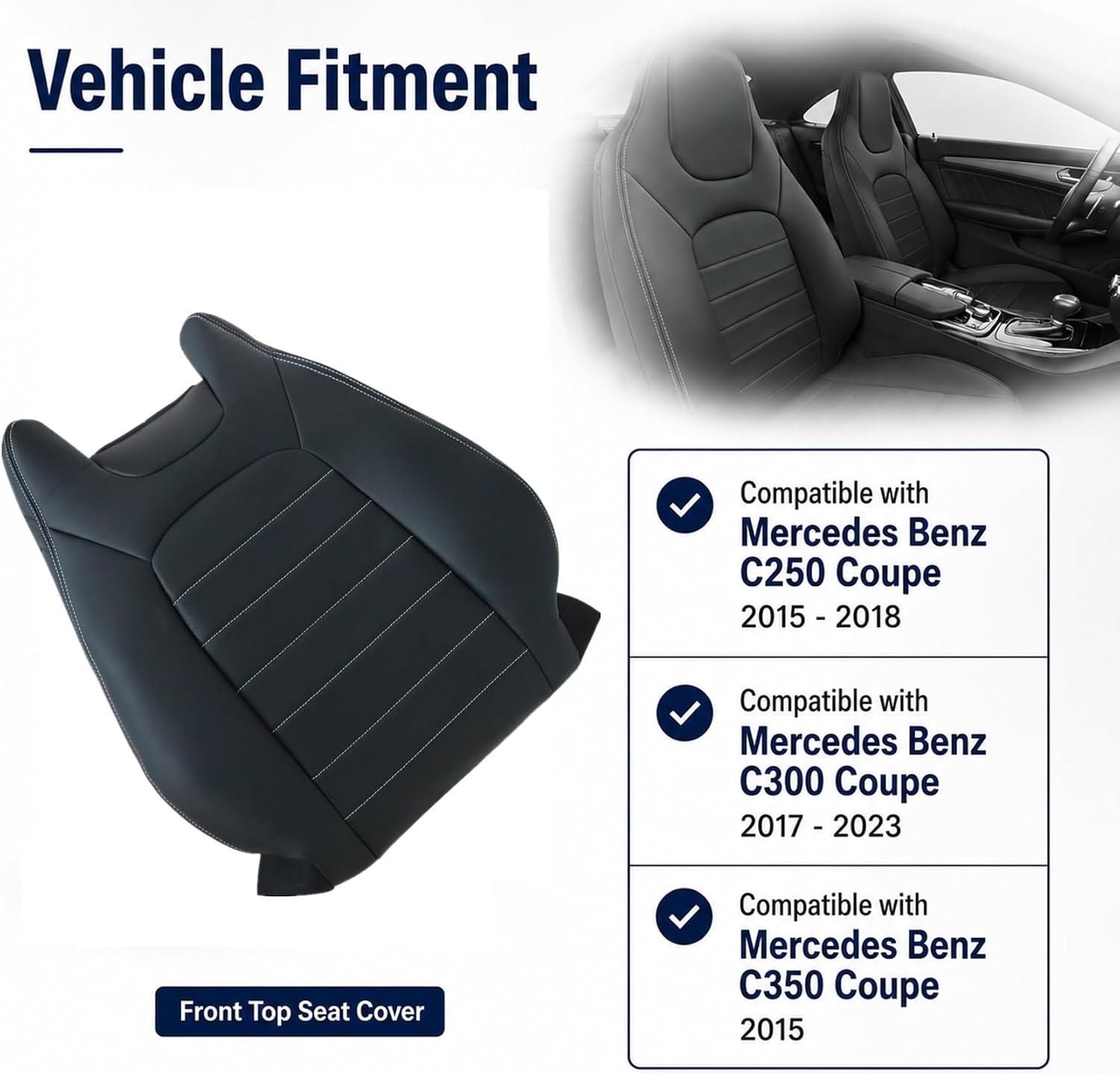 FZJDSD Black Driver & Passenger Side Bottom & Top Perforated Microfiber Leather Replacement Seat Covers Compatible with Mercedes Benz C250 C300 C350 2-Door 2015 2016 2017 2018 2019 2020 2021