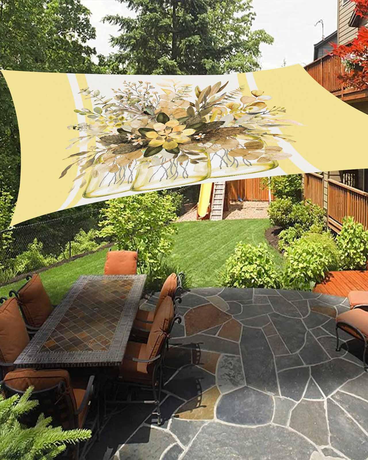 Sun Shades Outdoor Patio Covers for Shade & Rain, Floral Eucalyptus Leaf Sun Sail Shades Waterproof, Flowers Stripes Yellow Sun Shade Sail UV Protective for Backyard/Garden/Deck/Pool 6.5x10 ft