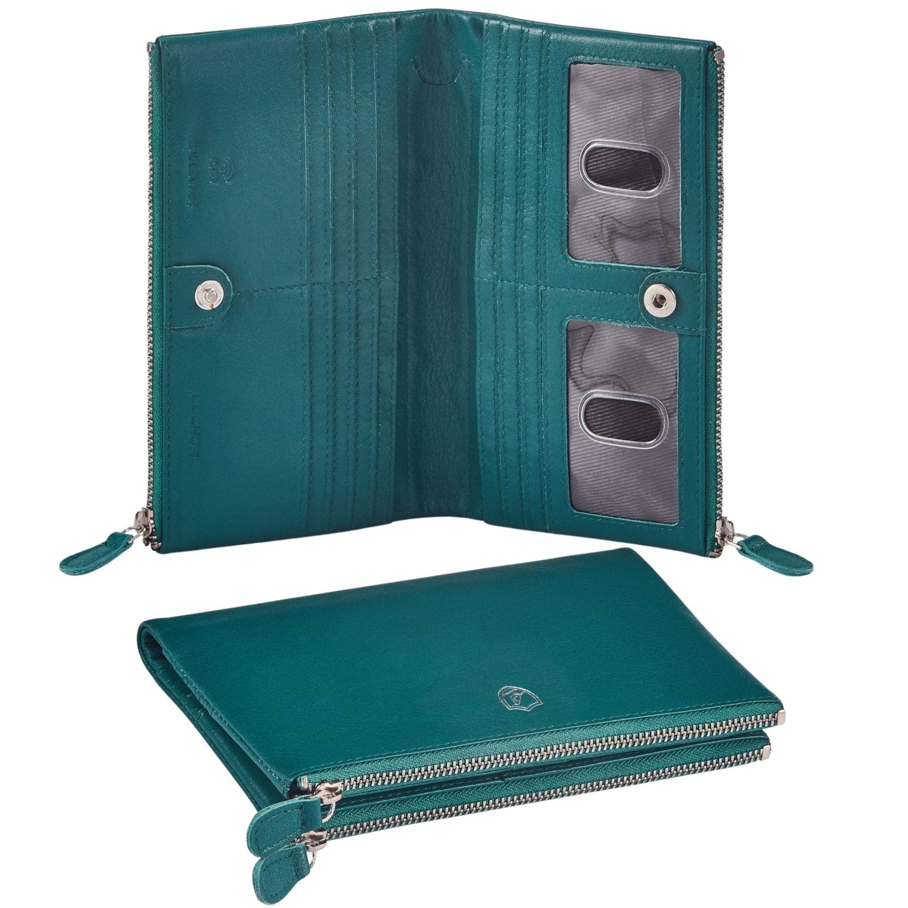 Women Wallet Real Leather Bifold RFID Blocking Clutch Multi Card Case Organiser Pen Mobile Holder Double Zip Compartment pocket with 2 ID Window in