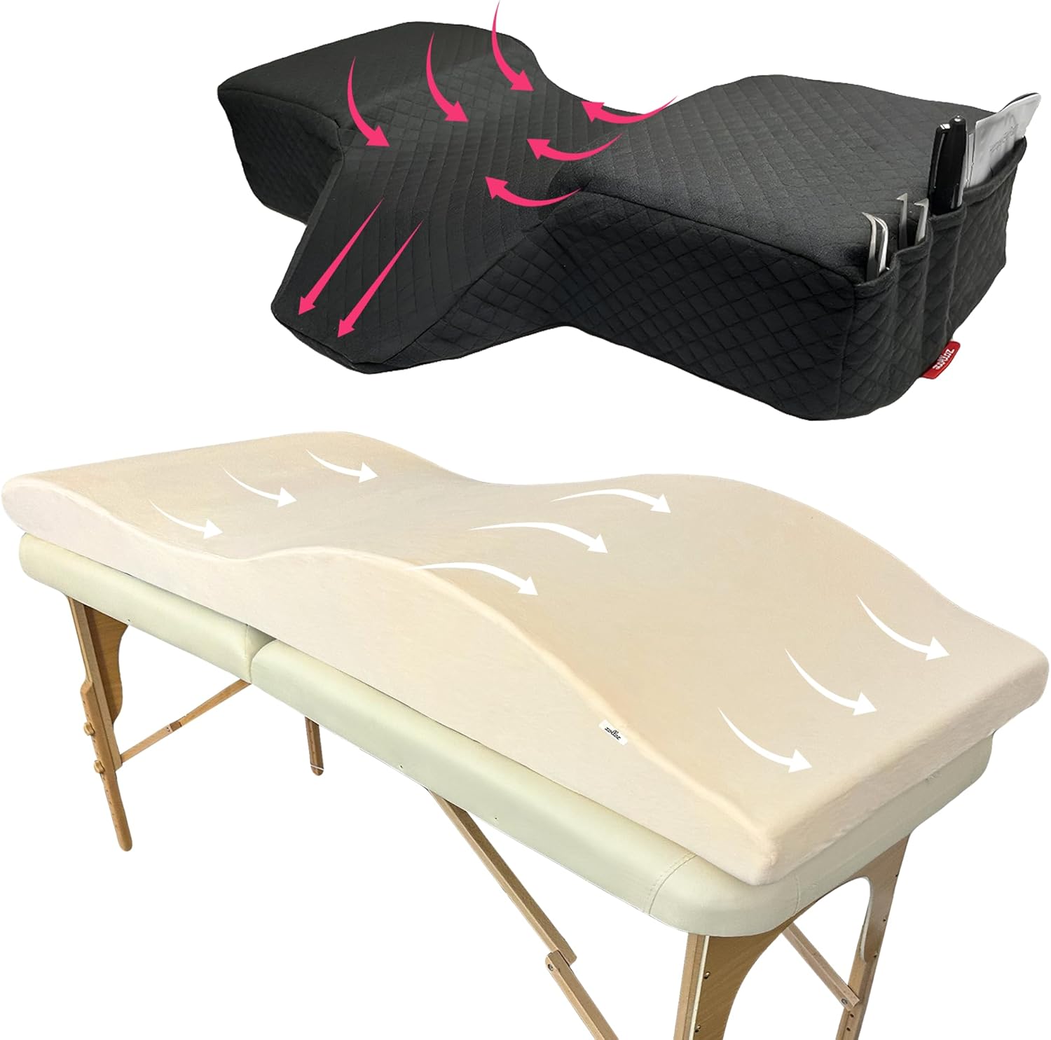 | Curved Mattress (28 in) + Pillow | Curved Memory Foam Lash Bed Pillow with Neck and Back Support | Curvy High Density Massage Bed Topper with Soft Touch Short Plush and Egonomic Design