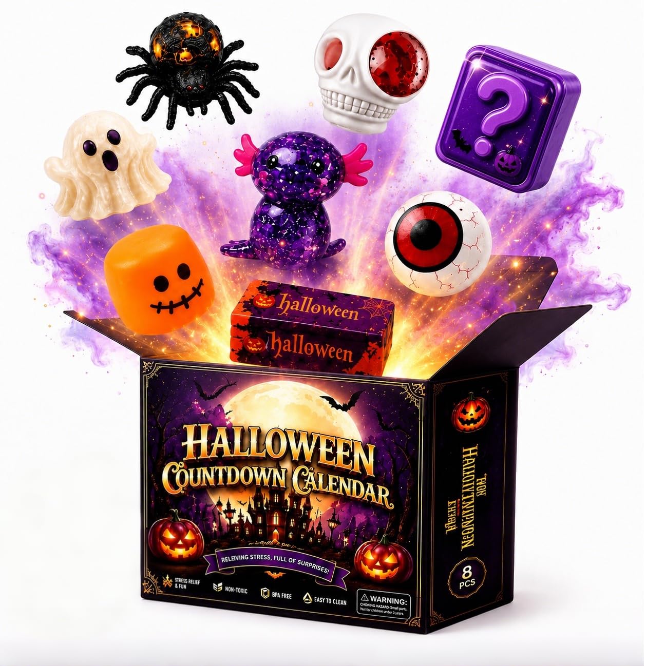 8 Piece Halloween Ghost Squishy Mystery Fun Box Set, Spooky Slow-Rising Squeeze Balls with Skull, Eyeball, Spider and Pumpkin, Stress Relief Toys Adults, Sensory Fidget Fun