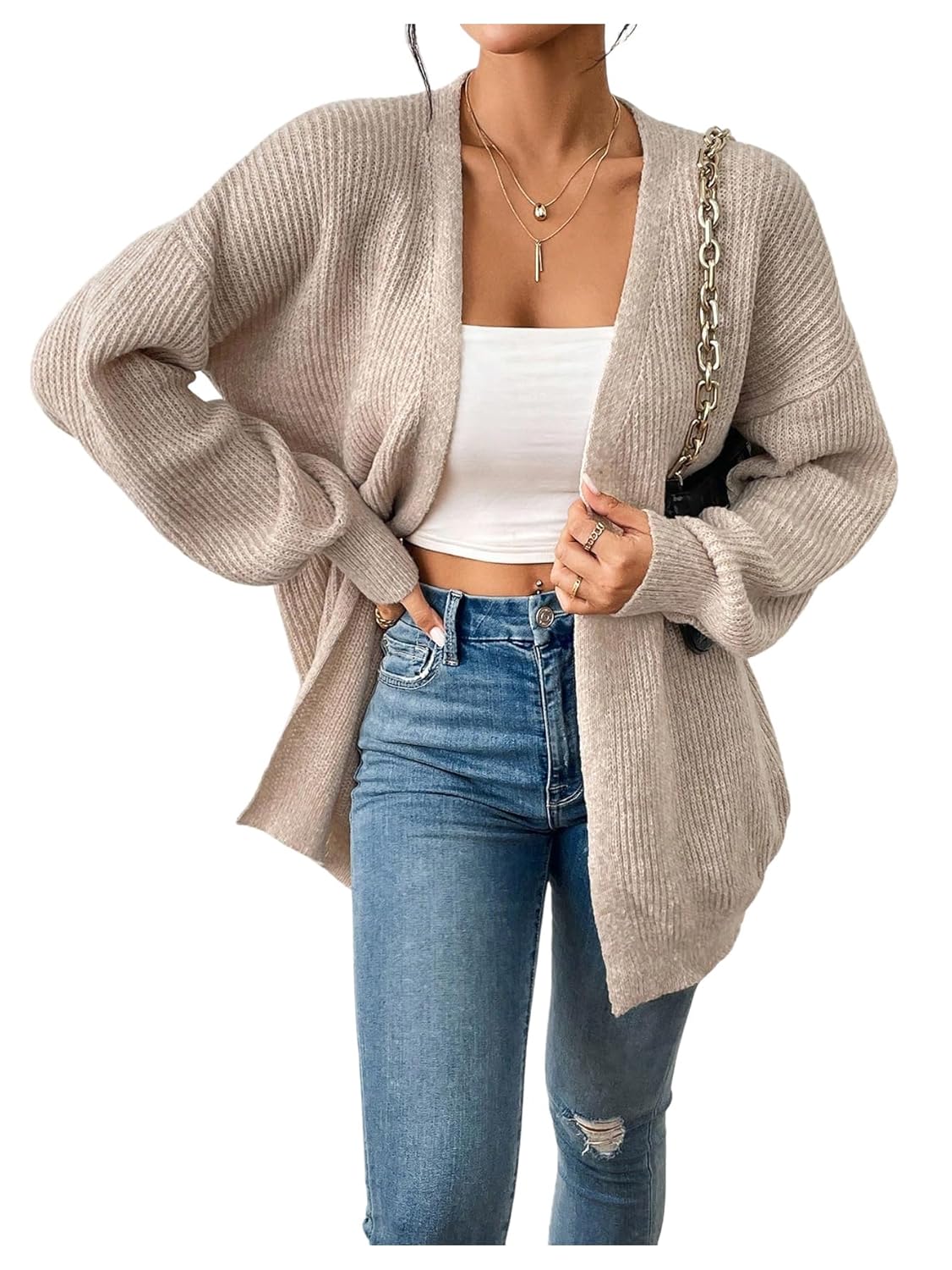 SHENHE Womens Open Front Long Sleeve Knit Cardigan Soft Loose Cozy Cardigan Sweater Outerwear