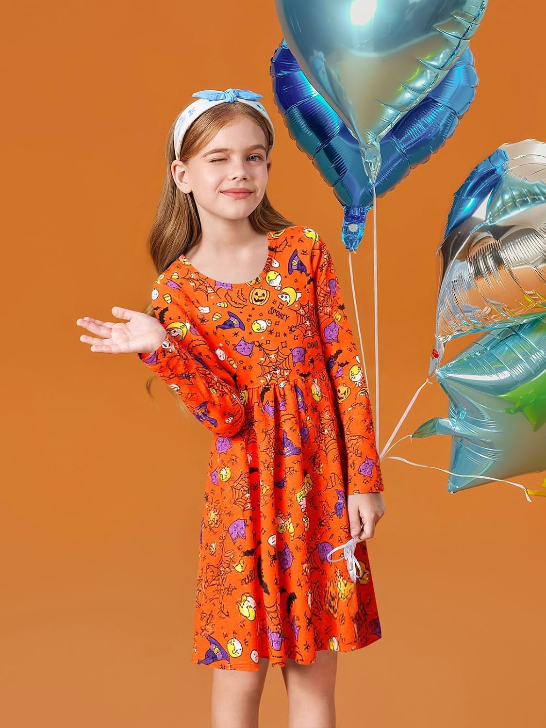 Haloumoning Girls Long Sleeve T-Shirt Dresses Kids Fall A-Line Twirly Skater Dresses 5-14 Years