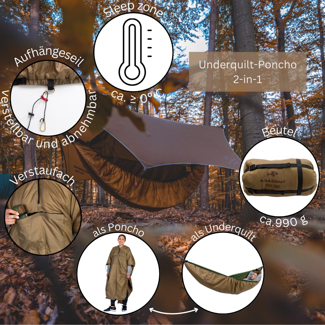 AMAZONAS Ultra-Light Winter Set: All-in-One Hängematte + Aufhängungen + Tarp + Underquilt-Poncho mit Isomattenfach für Ultimatives Outdoor-Erlebnis