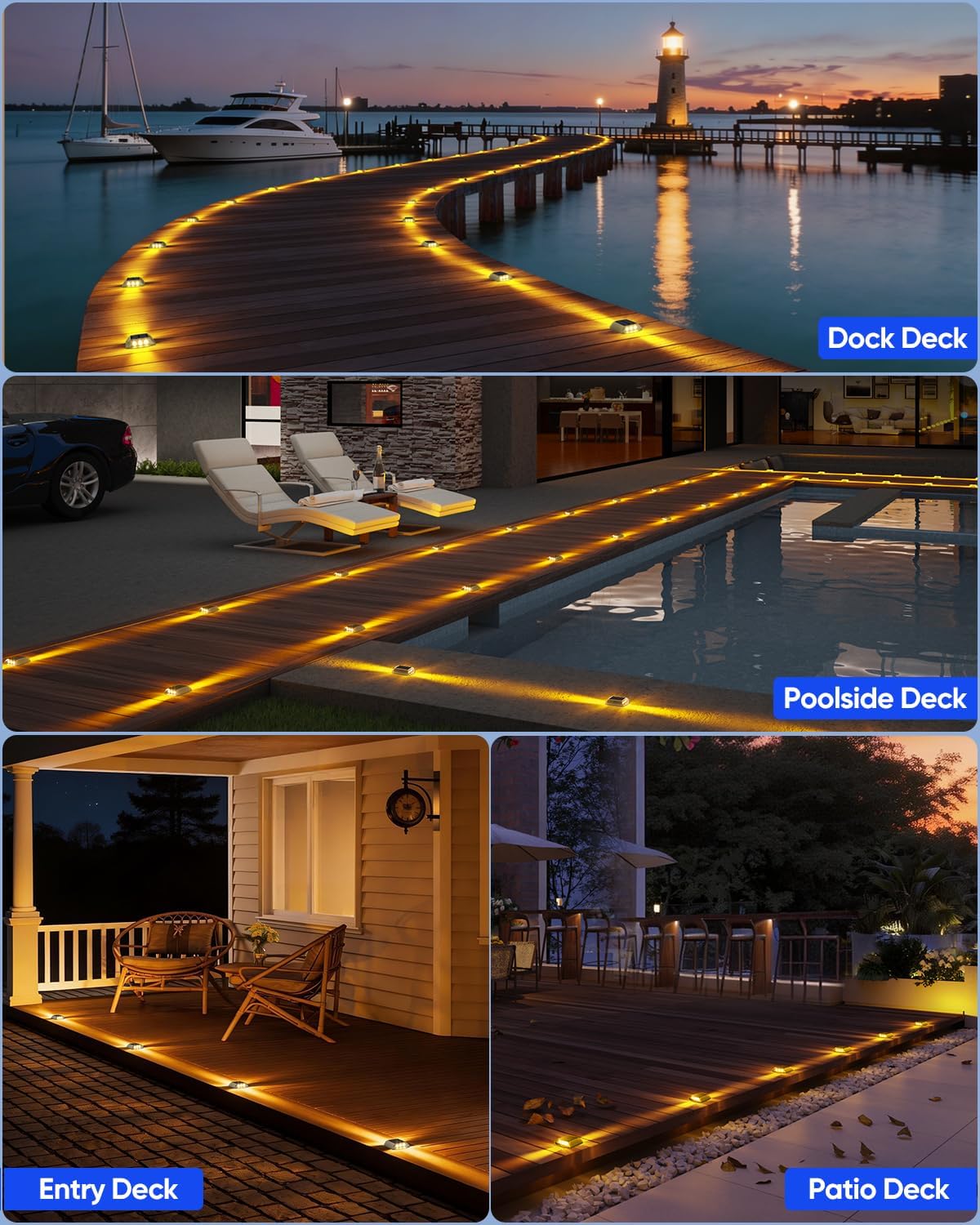 DetarZinLED Solar Deck Lights Outdoor, 12 Pack Warm White Driveway Lights Solar Powered, IP68 Waterproof Stick on & Screw Dock Light for Pathway, Walkway, Sidewalk, Patio, Pool Deck, Garden, Step