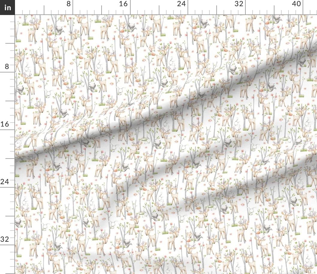 Spoonflower Fabric - Sweet Woodland Animals Deer Fox Raccoon Birch Trees Flowers Girl Printed on Petal Signature Cotton Fabric by The Yard - Sewing Quilting Apparel Crafts Decor