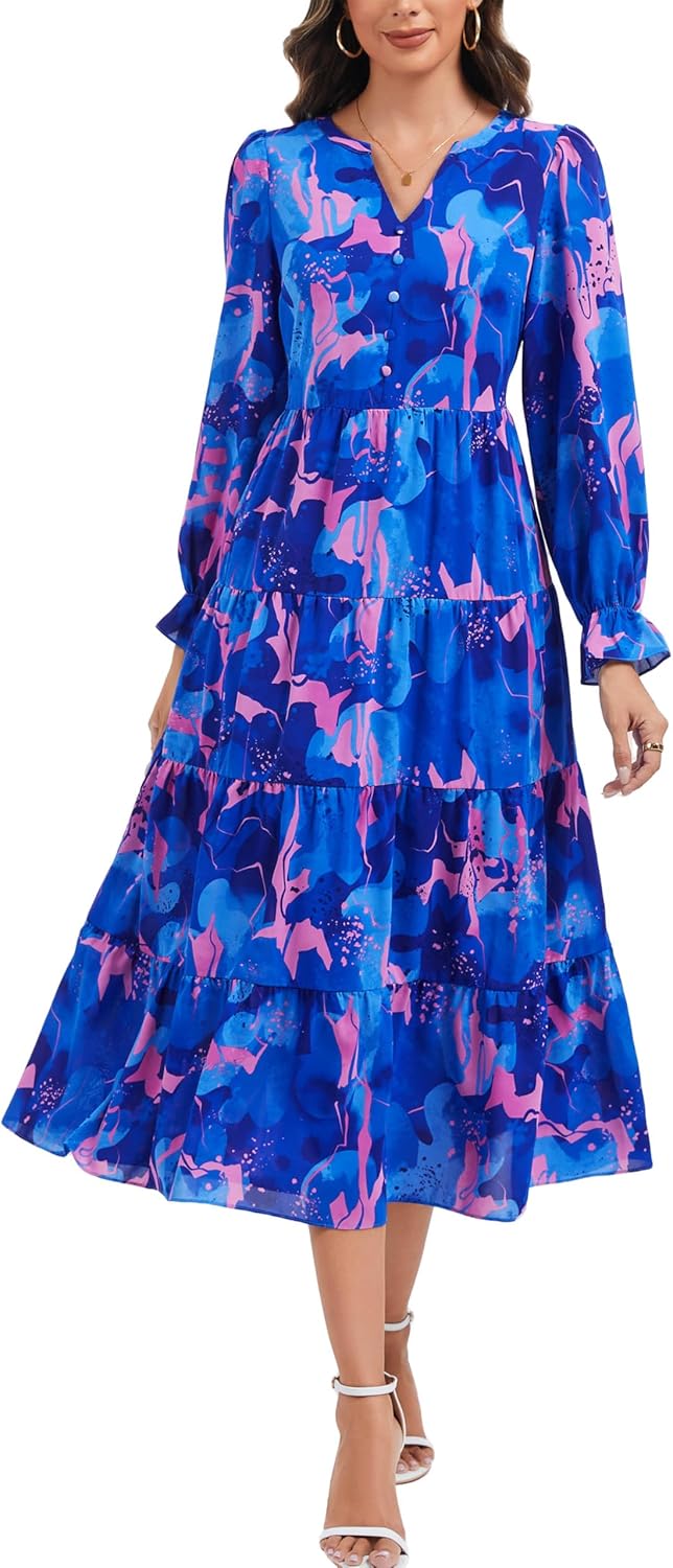 Kormei Long Sleeve Dress for Women 2025 Fall V Neck Tiered Elegant Empire Waist Flowy Wedding Guest Maxi Dresses - Image 3