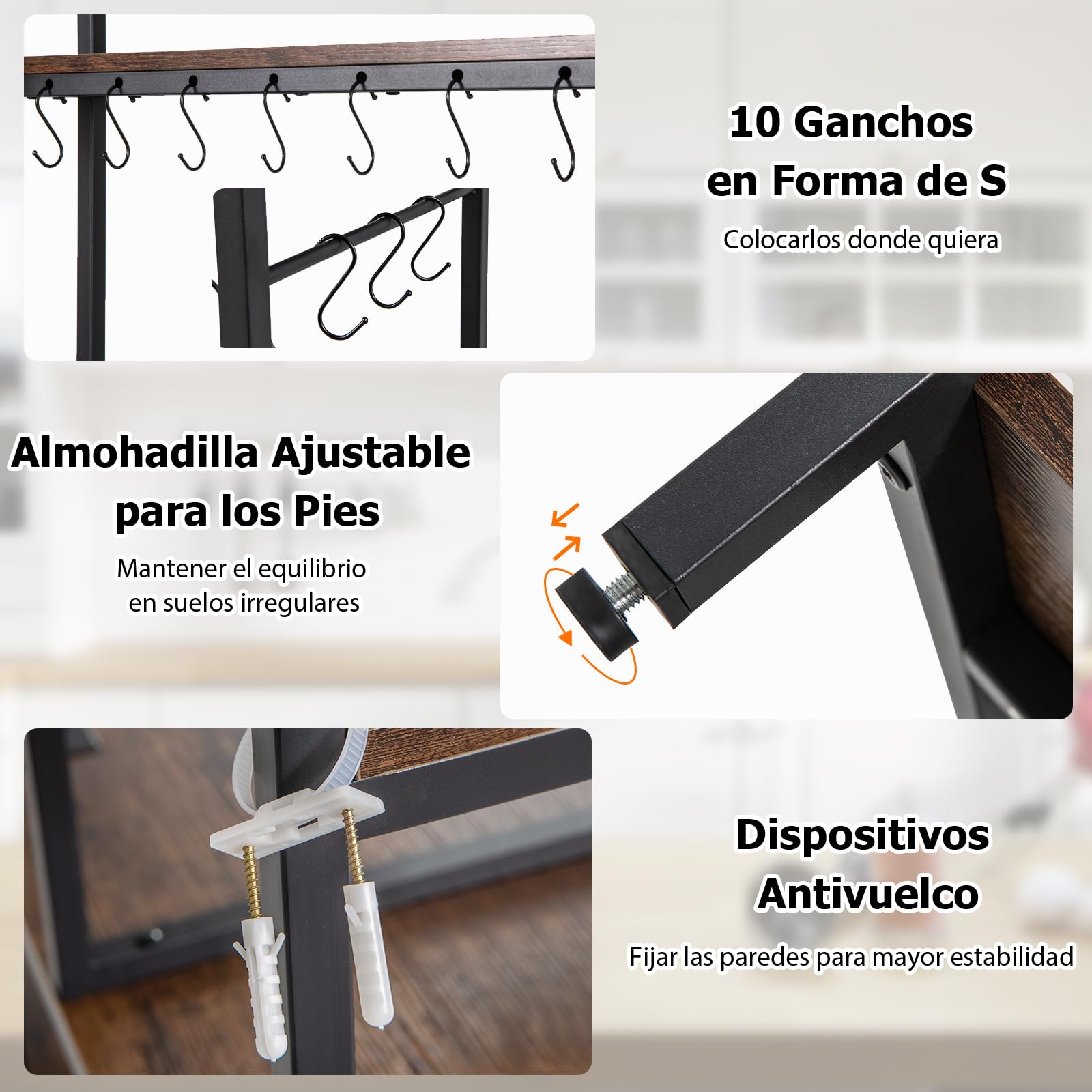 GOPLUS Estantería de Cocina con 5 Estantes y 10 Ganchos, Estante Ahorrador de Espacio para Microondas, Estante Multiusos para Panadería con 6 Patas Regulables, Estilo Industrial, 107 x 37 x 160 cm