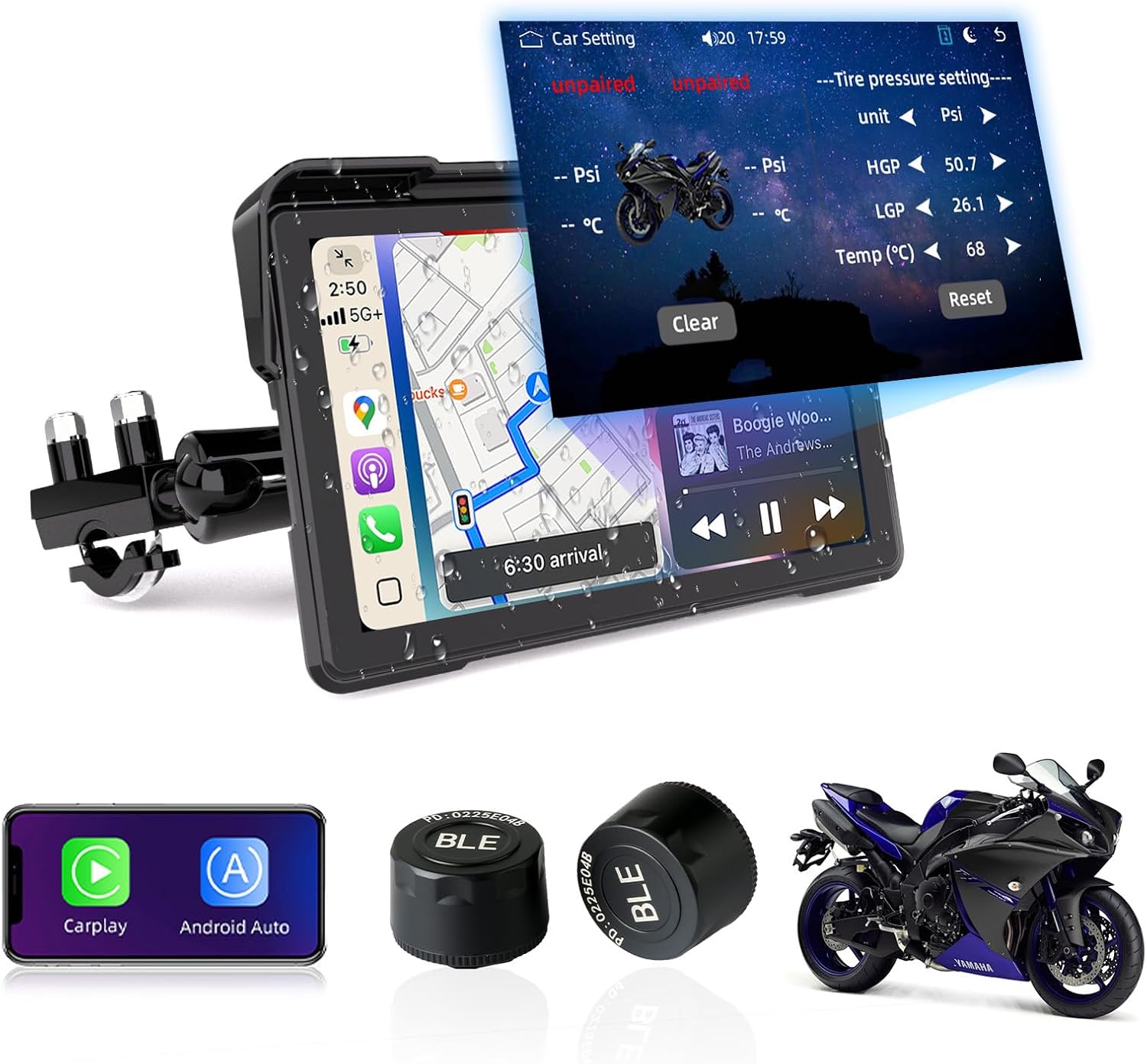 2026 7 Inch HD Motorcycle Carplay Screen with TPMS, Apple CarPlay & Android Auto, GPS Navigation, Voice Control, IP67 Waterproof, Brightness Adjustment, Screen Lock PIN, Bluetooth