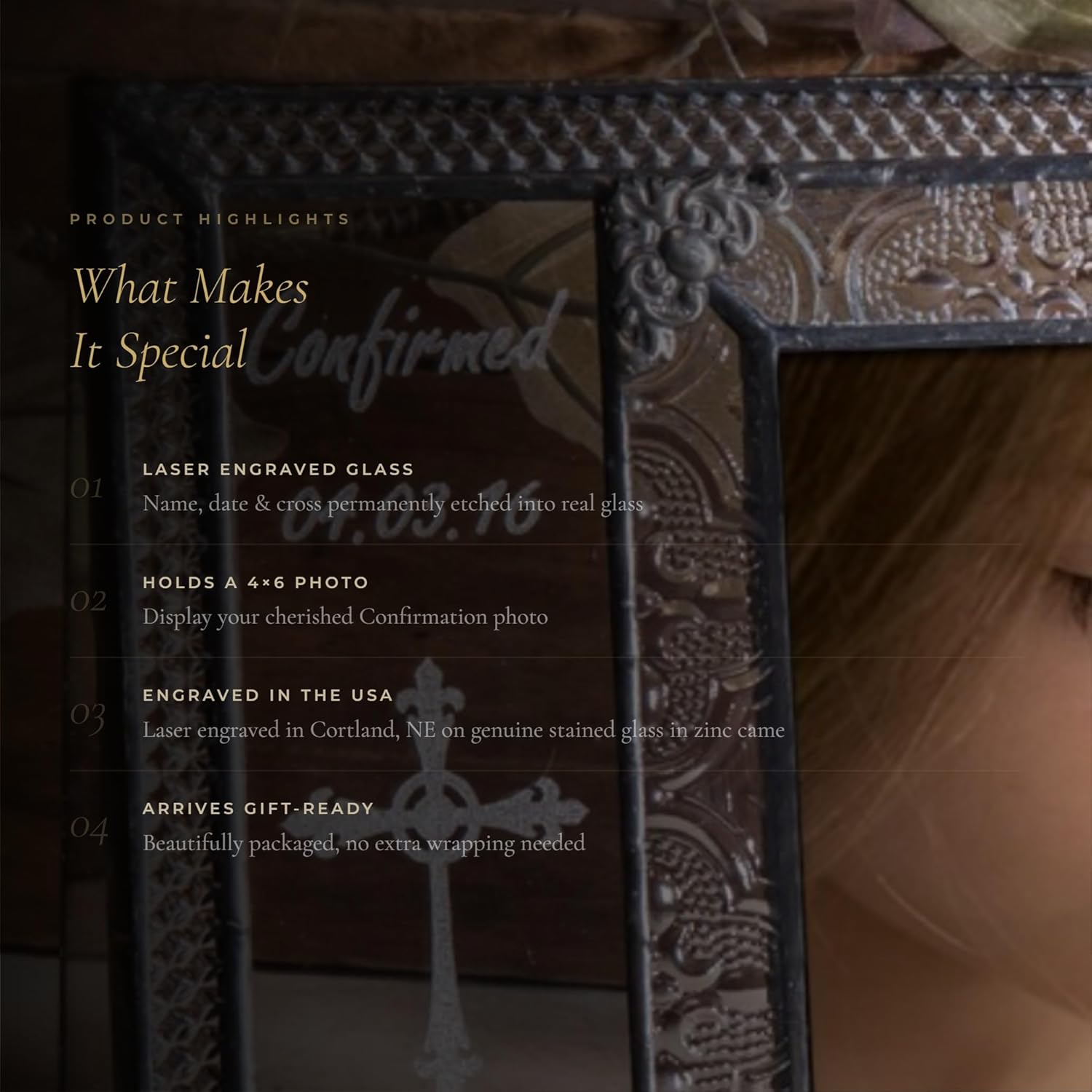 J Devlin Glass Art Stained Glass Picture Frame – Personalized Confirmation Gift, Laser Engraved with Name & Date, Holds 4x6 Photo, Decorative Frame