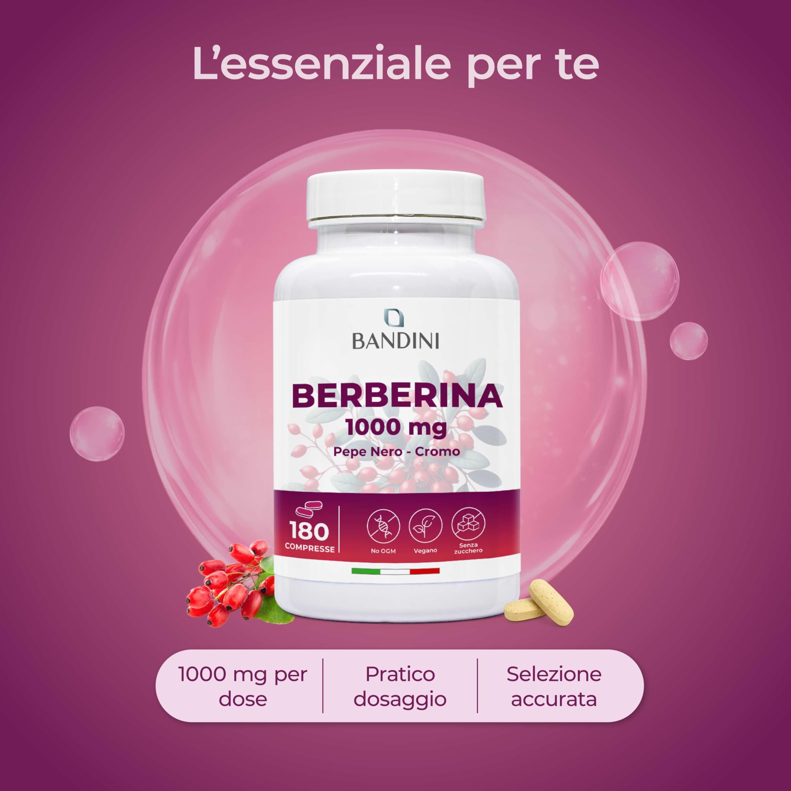Bandini® Berberina 1000mg pura alto dosaggio | 180 compresse vegane - Berberin HCl da Berberis Aristata al 97% + Cromo e Pepe Nero | Massimo assorbimento - Funzione digestiva, epatica, intestinale