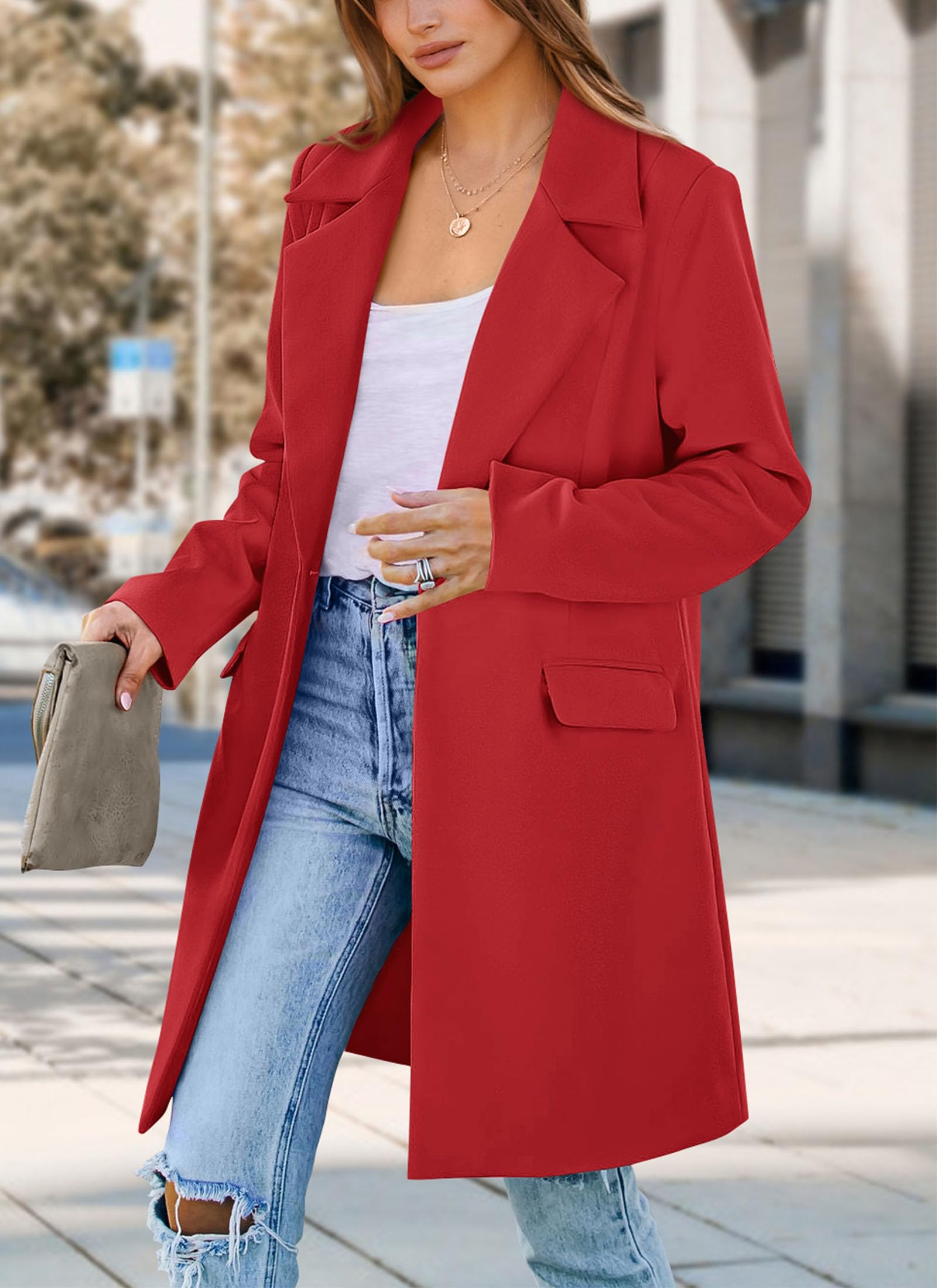 PRETTYGARDEN Women's Business Casual Long Blazer Jackets(Red,S) view 3