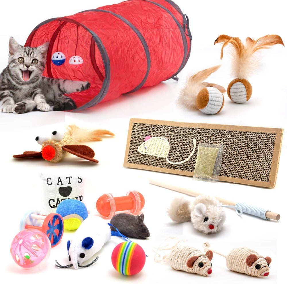 Premium Cat Toy 16 Piece Set Consisting Of Tunnel Cat Scratching Post and Variety Toy