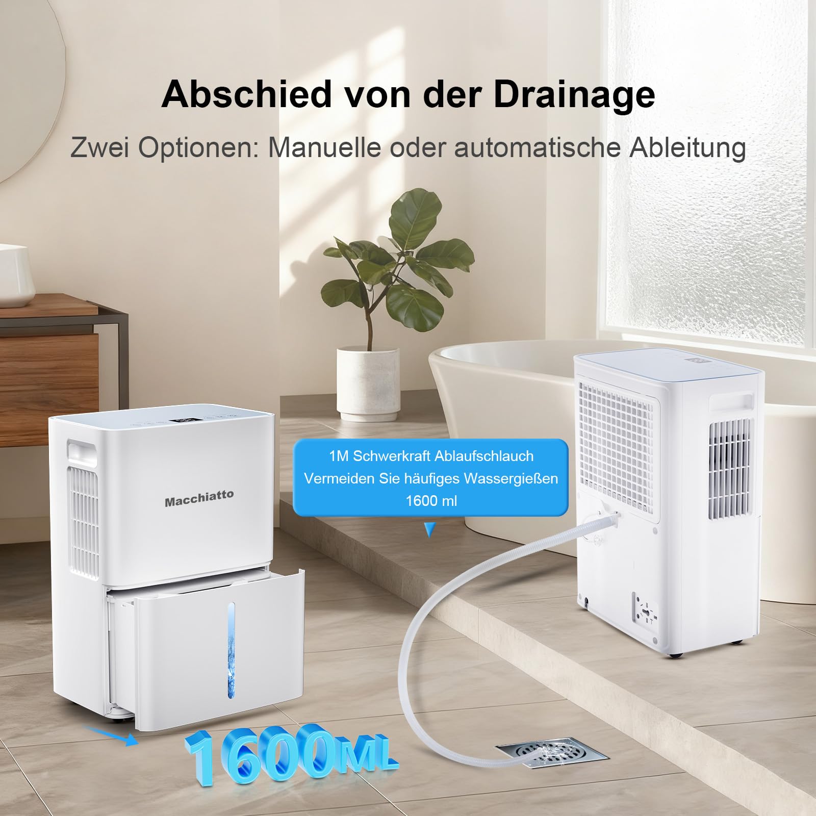 Macchiatto Elektrischer Luftentfeuchter Kompakt für bis zu 80m³(32m²) Räume Automatischer Betrieb,mit Universalrad und 1M Ablaufschlauch Ideal für Wohnung, Keller,Badezimmer