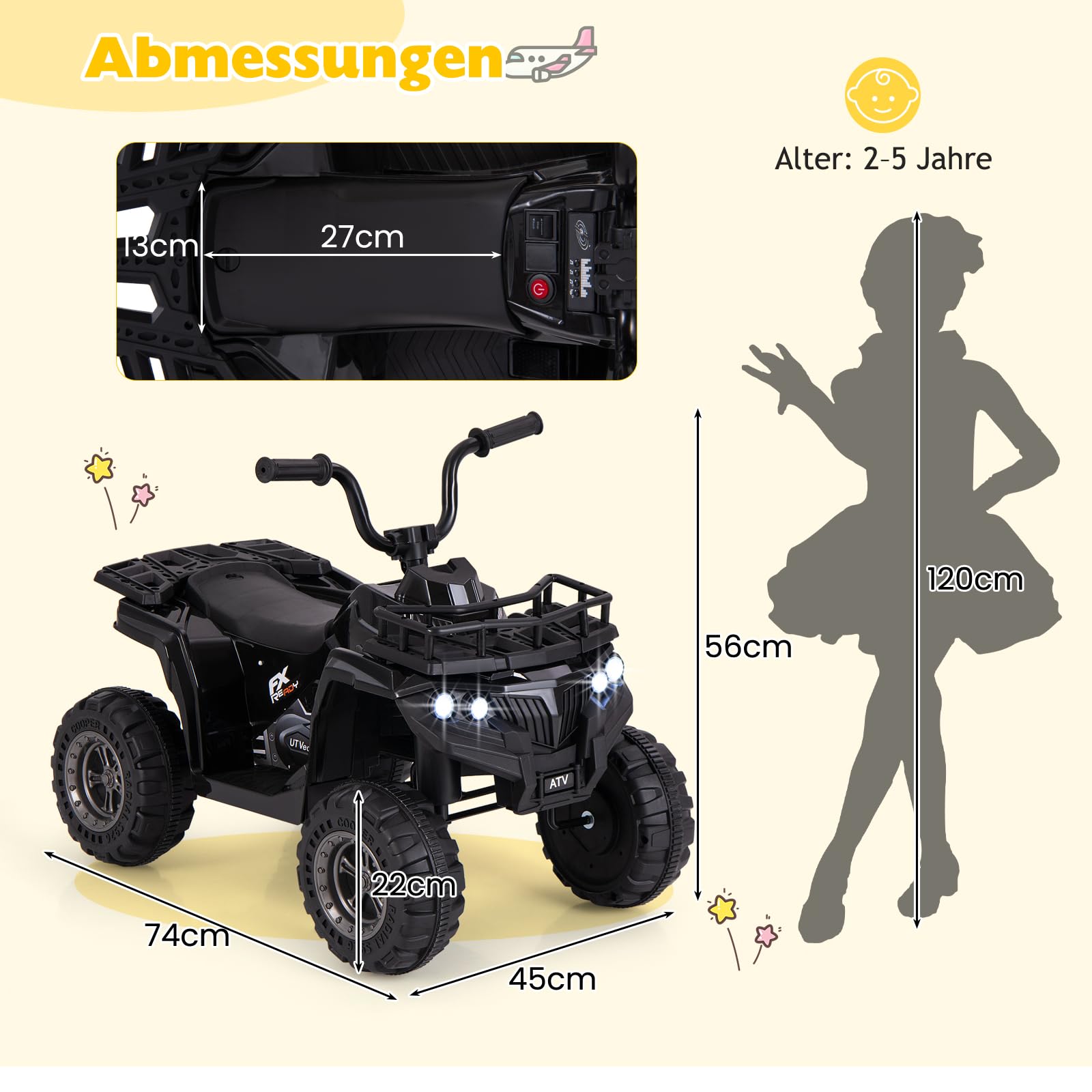 COSTWAY 6V Kinder Quad Elektro, Kinderquad mit Vorwärts-, Rückwärtsfunktion, Elektroquad mit LED-Scheinwerfern, Aufbewahrungskorb & Musik, Elektroauto ATV für Kinder ab 2 Jahren (Schwarz)