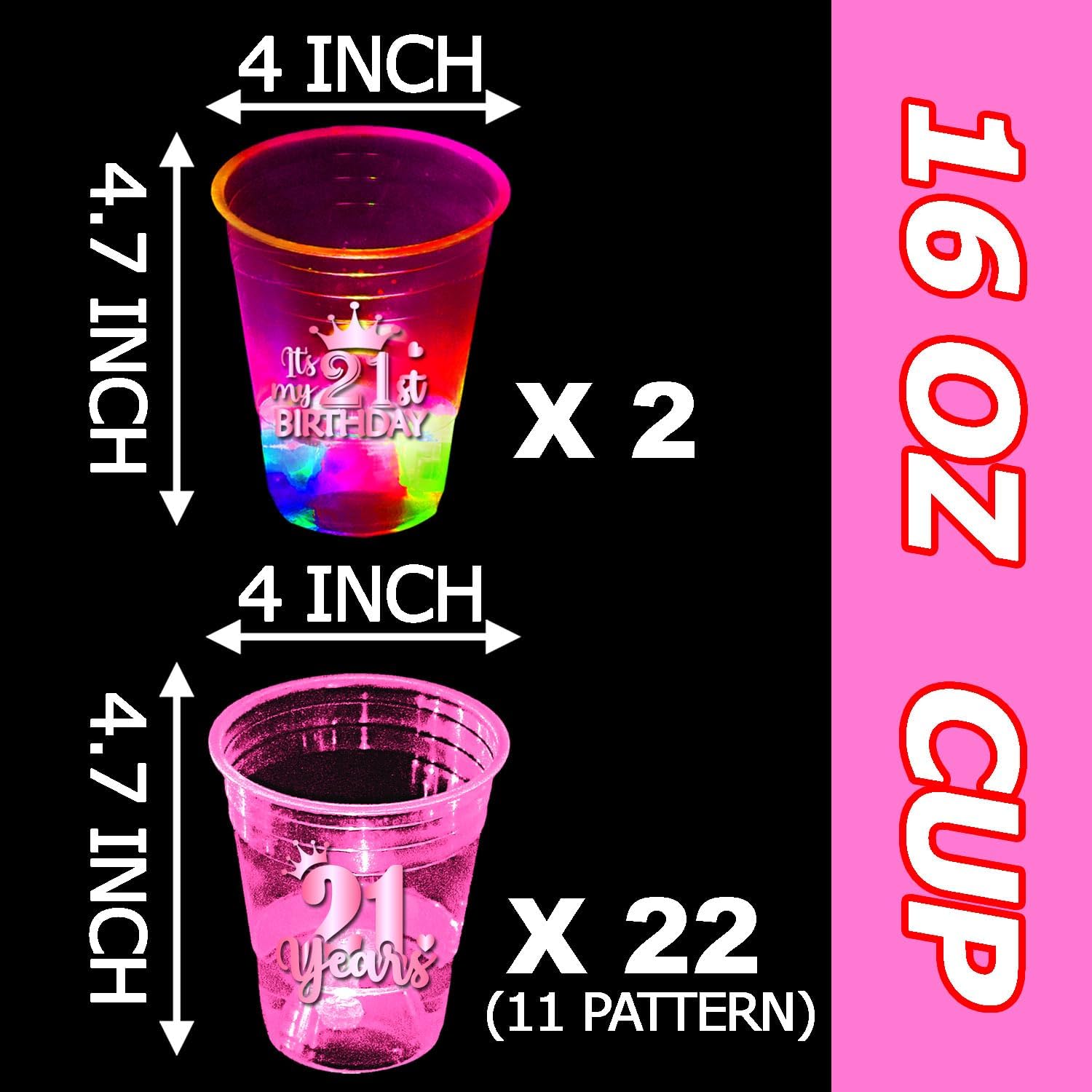 mishunyus 24 Pack Glow 21st Birthday Party Cups for Women - 16 oz Plastic Pink Cups with Rose Gold Foil Designs, Finally Legal & Happy 21" Decorations, Pink Glow Theme