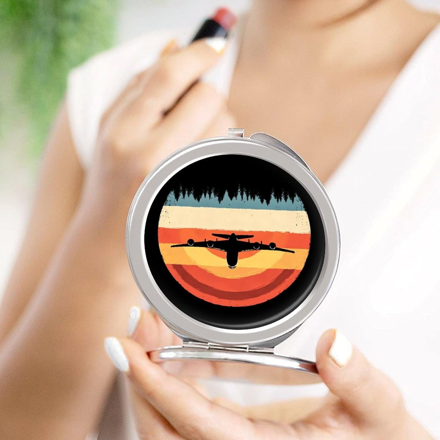 Vintage Airplane Compact Makeup Mirror Mini Foldable Cosmetic Mirror Portable Travel Mirror for Purse Pocket