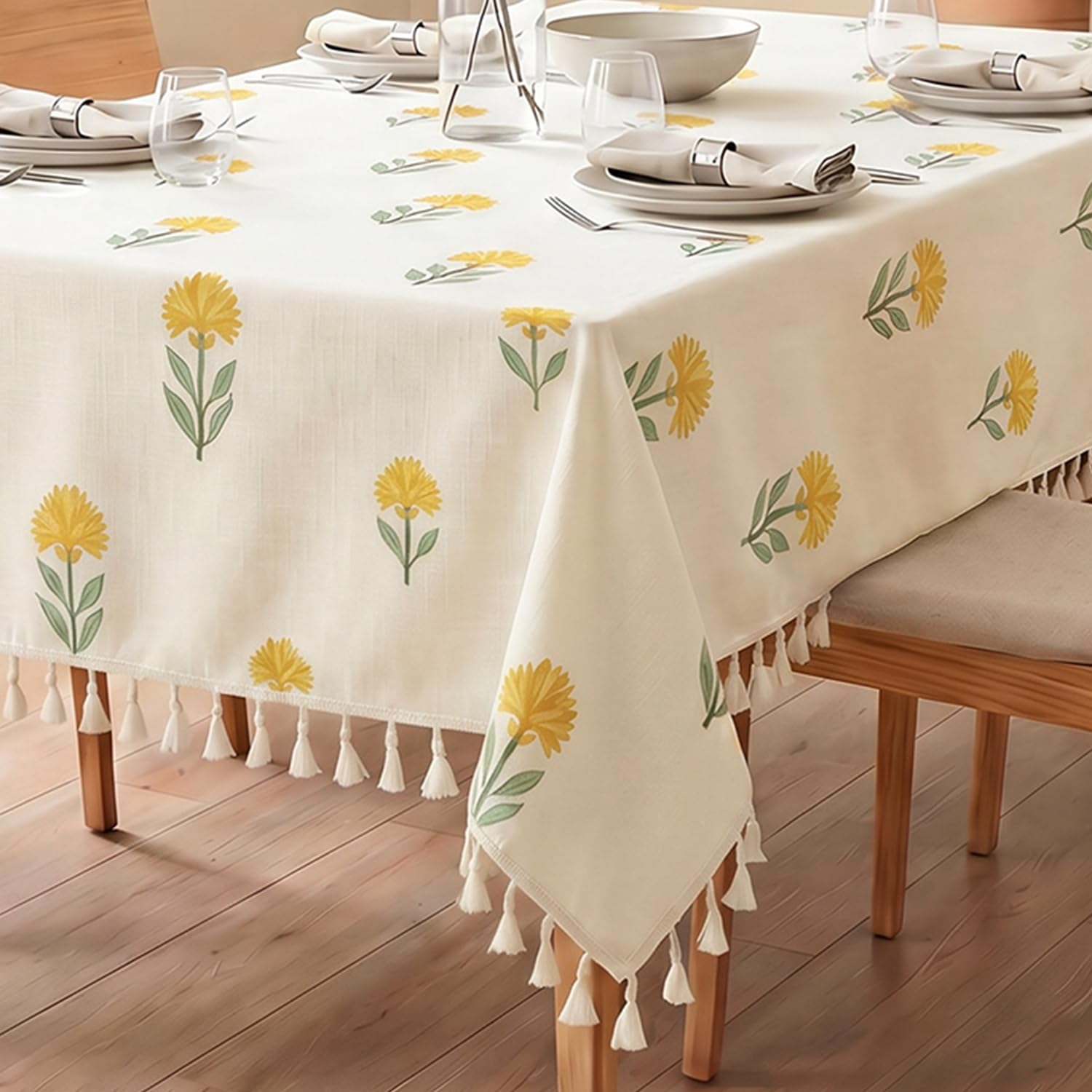 urban space 100% cotton dining table cover for 4 seater, printed cotton table cloth for center table, dining room table cover with tassels 48" x 72" (aster yellow, 4 seater)