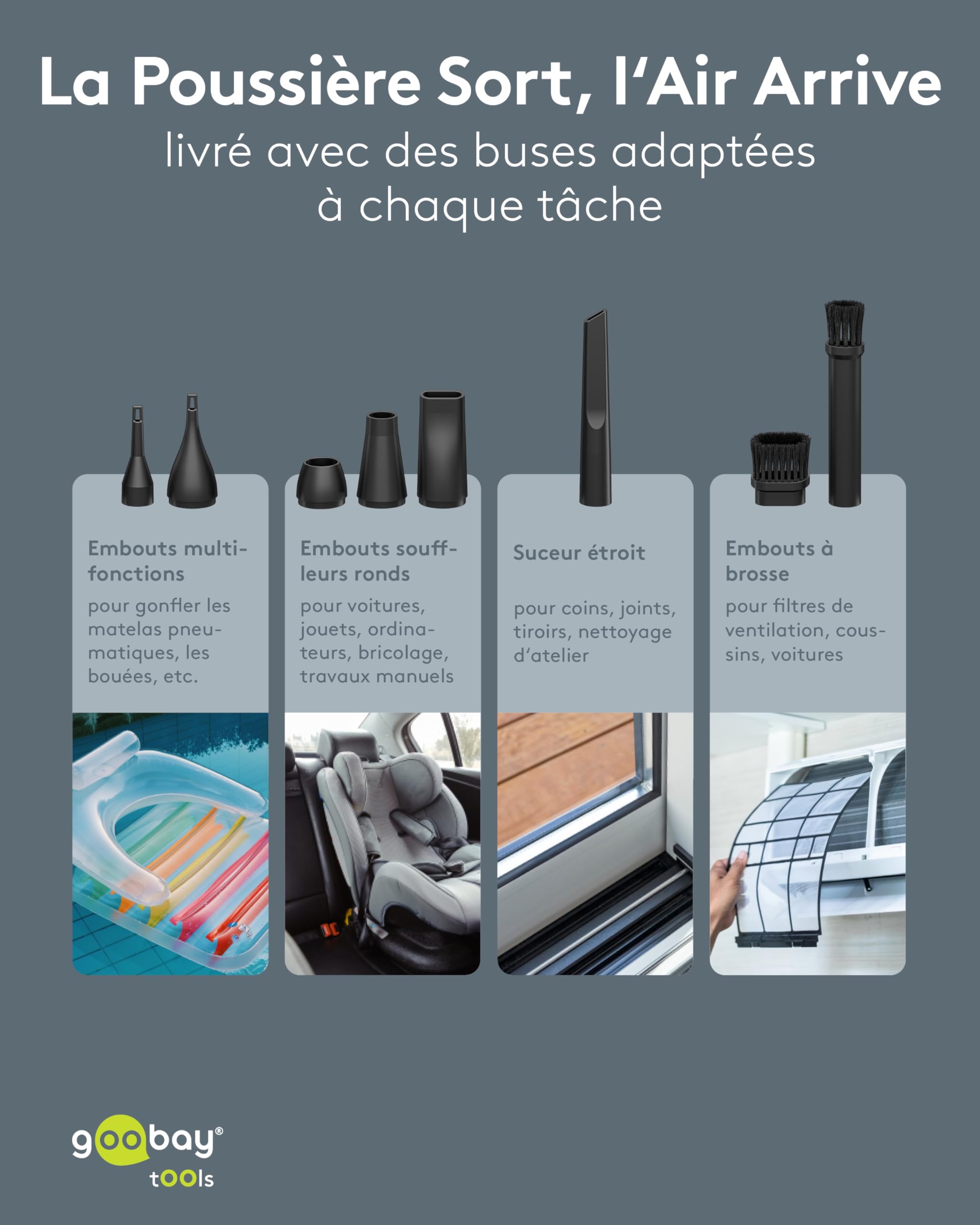goobay Souffleur de poussière à 3 Vitesses, Batterie 6 000 mAh, 130 000 TR/Min, autonomie jusqu'à 110 Min, avec 8 Embouts pour éliminer la poussière sur Les canapés, claviers, Voitures – 77831