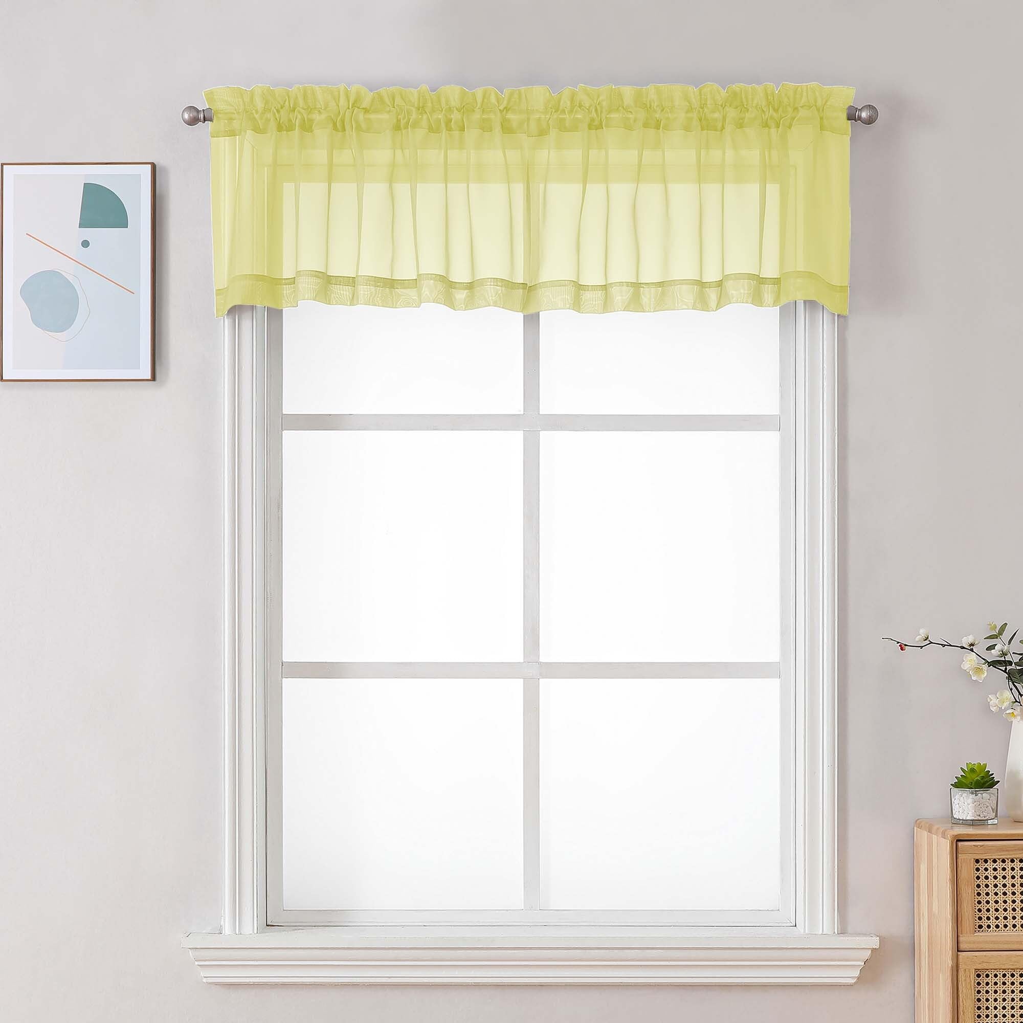 Chyhomenyc Sheer Valances for Windows, Light Filtering Small Window Curtains for Living Room Bathroom Cafe Laundry Basement, Modern Top Dual Rod Pocket Voile Curtain, 42Wx14L inches, Lemon, 2 Pieces