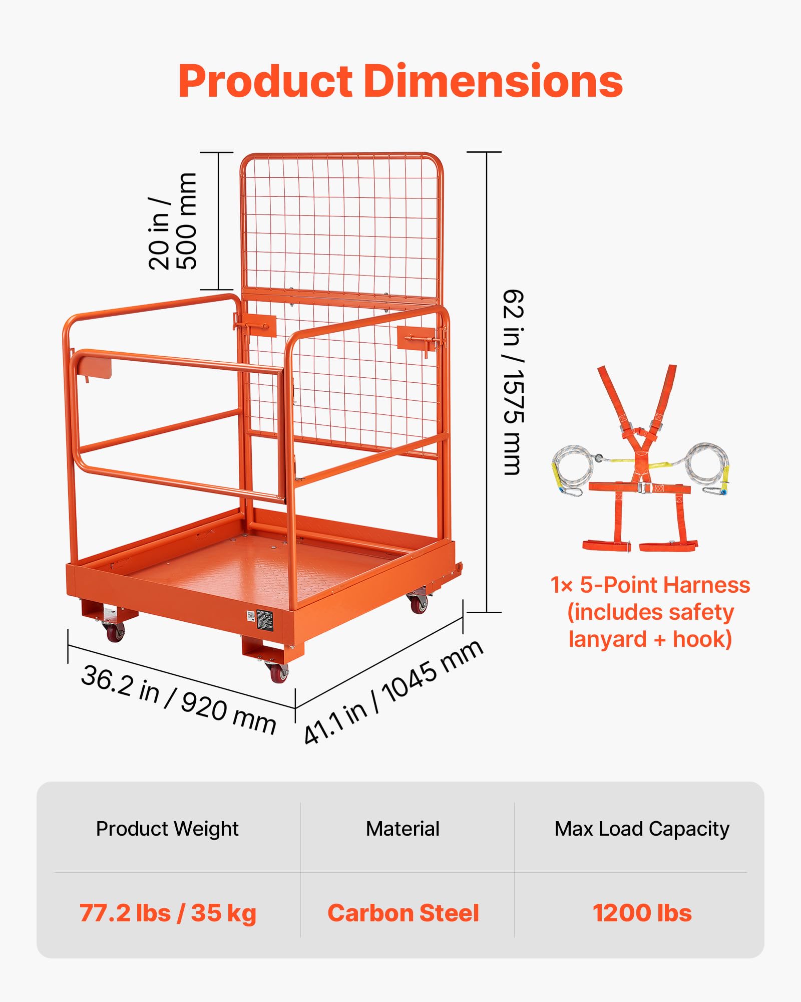 VEVOR Jaula de Seguridad para Montacargas 920x1045 mm, Carga 544 kg | Con ruedas, panel de malla, plataforma de acero y pasadores de bloqueo, para trabajos en altura con carretilla elevadora