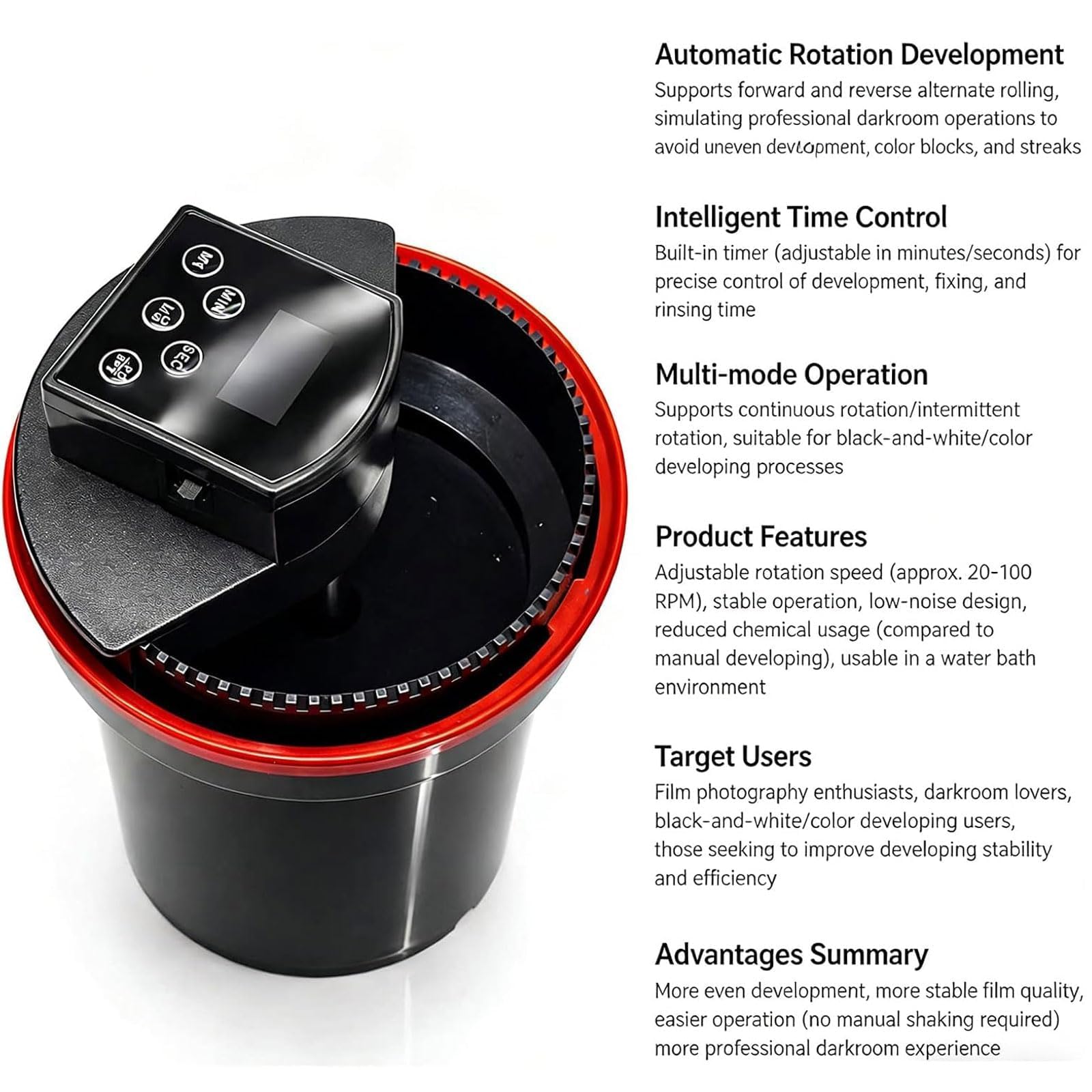 Revelador automático de películas, kit eléctrico de revelado de películas para uso doméstico, temporizador inteligente de precisión, dos modos y velocidad ajustable,películas analógicas de 35 mm y