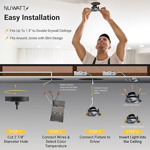 Miniatura 3 de NUWATT Foco empotrable con cardán LED de 3 pulgadas, paquete de 4, luz LED todo en 1 sin lata con 5 interruptores de color CCT 2700K - 5000K, 8W,
