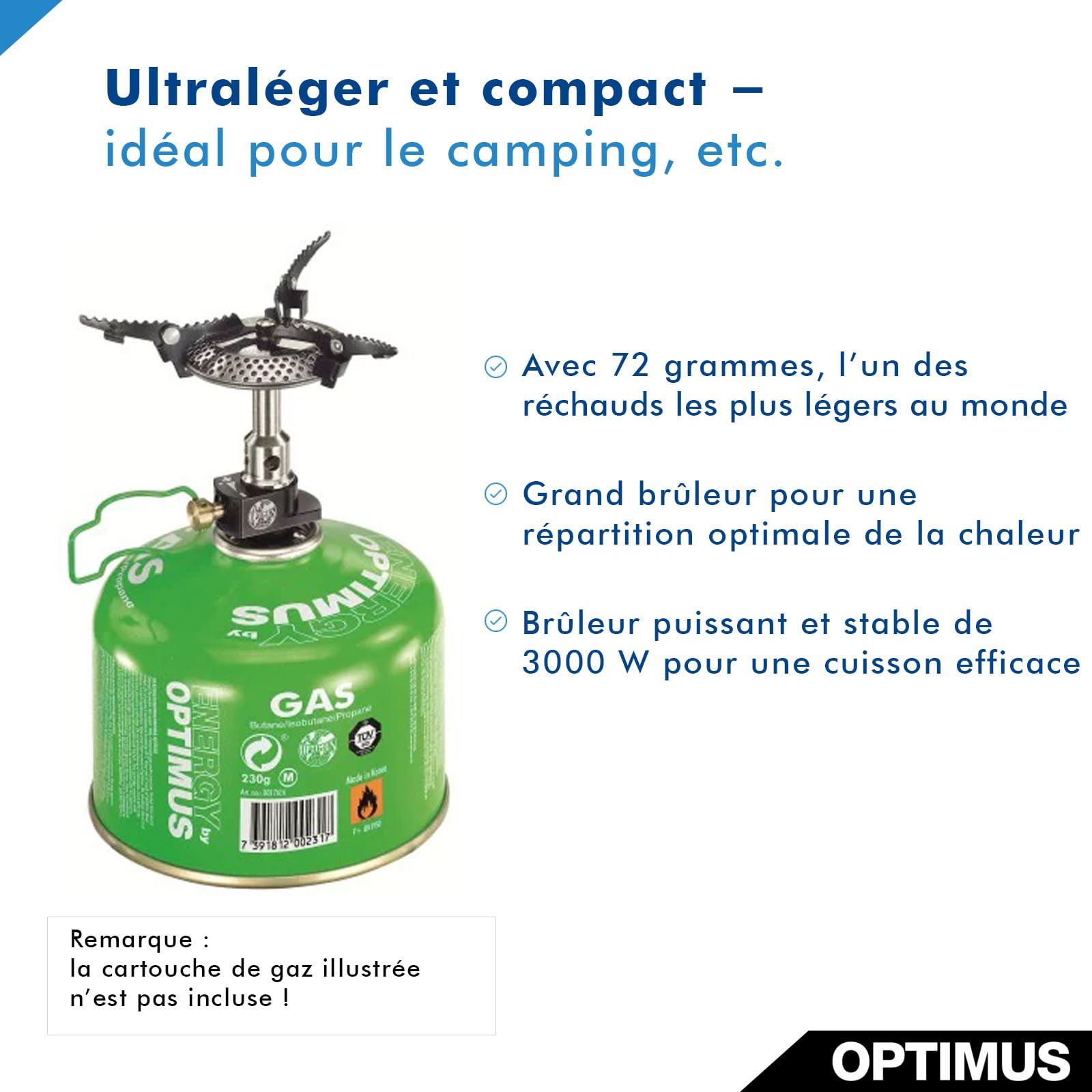Optimus Crux Lite Solo – Système de cuisson gaz ultra‑léger pour camping & trekking : réchaud + casserole 0,6 L & poêle | 3000 W | poids total 272 g | avec sac filet et pochette néoprène
