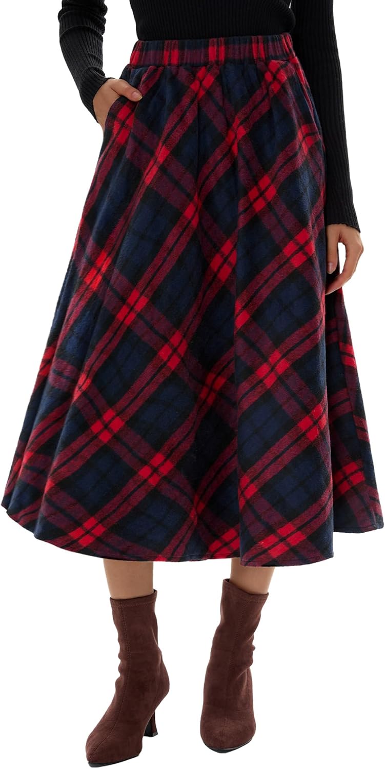Women's Long Plaid Wool Skirt Fall Winter High Waisted A-line Pleated Tartan Long Skirt with Pockets