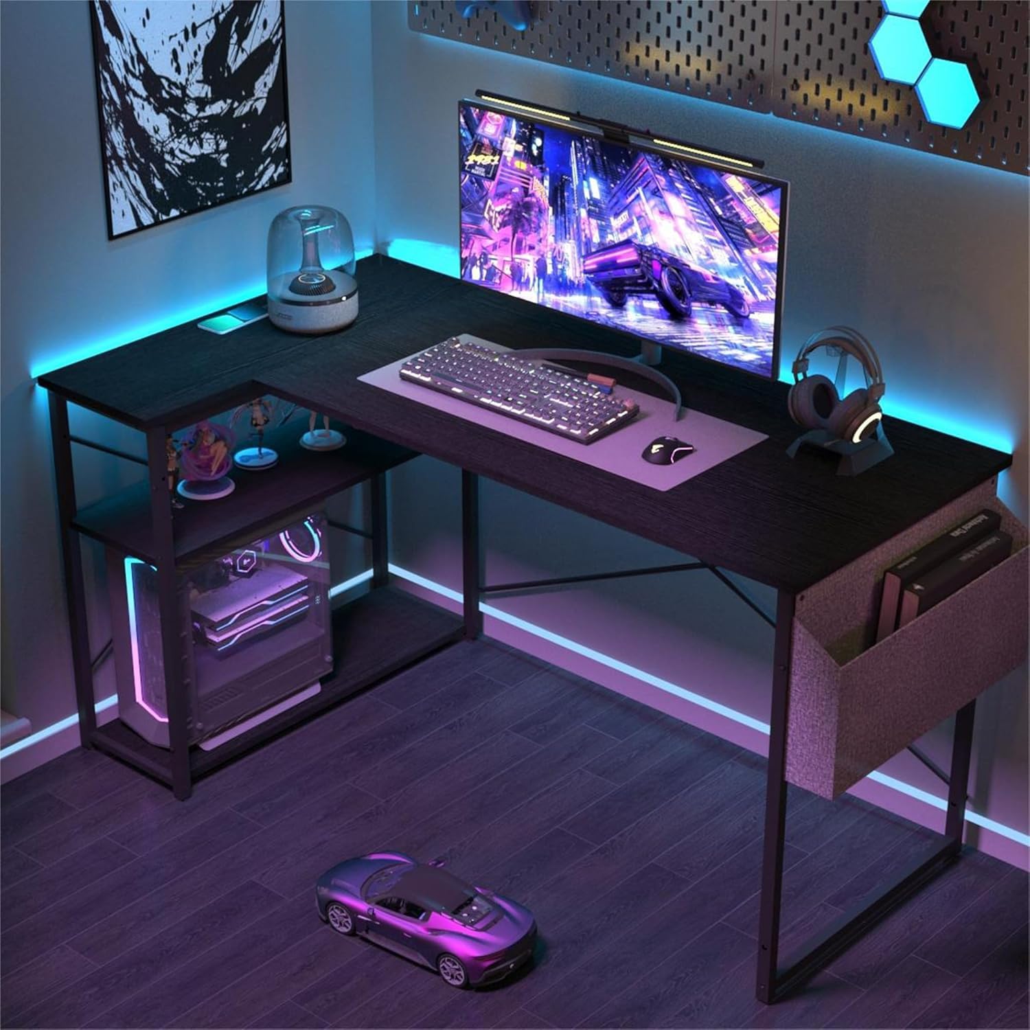 BEXEVUE Bureau Gaming d'angle, 100x70 cm Petit Table Forme L Bureau Etagères Rangements, Angle Réversible Gaming Bureau Informatique Gamer pour Etudier Travailler Chambre, Noir