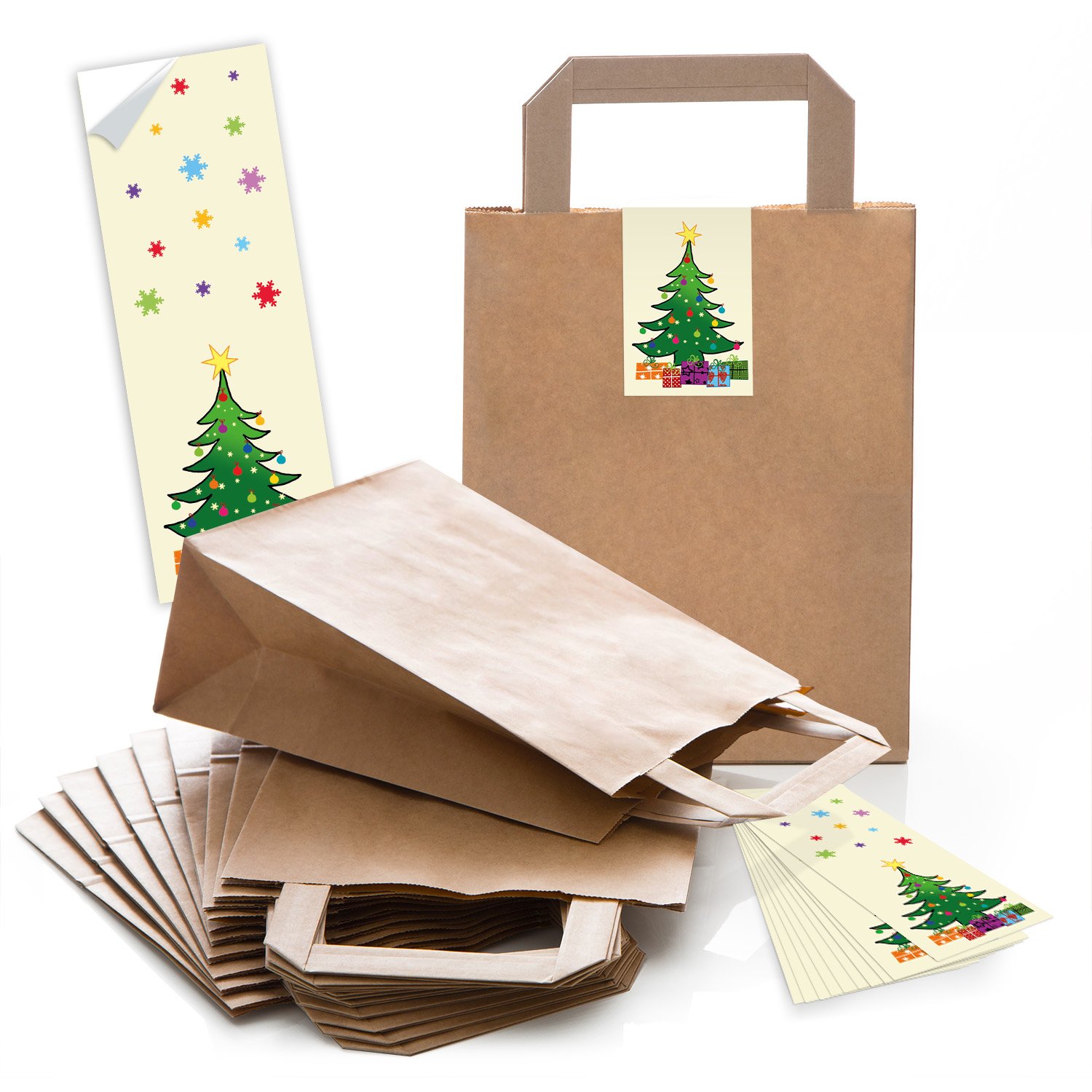 50 brązowych torebek papierowych na prezenty na Boże Narodzenie 18 x 8 x 22 cm małe torebki papierowe naklejki bożonarodzeniowe choinka czerwone żółte torebki papierowe torebki z papieru typu kraft Boże Narodzenie opakowanie prezenty