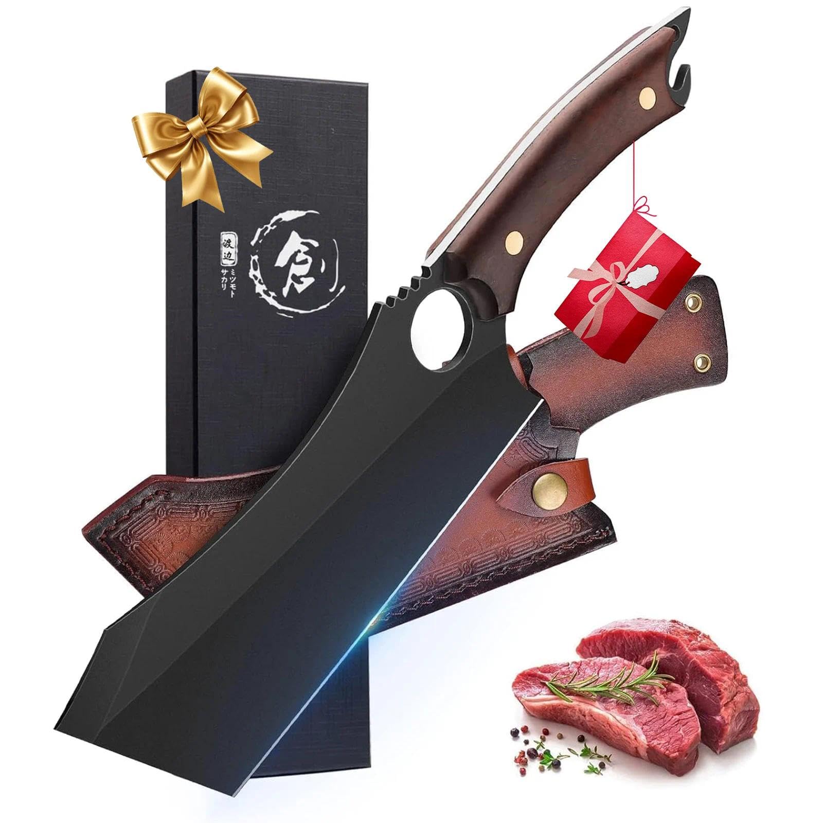 Dream Reach 10 inch Black Meat Cleaver, Boning Knife, Chef Chopping Butcher Cooking Knife, High Carbon Steel Sharp Kitchen Viking Knife with Sheath Gift Box Bottle Opener for Outdoor BBQ Camping