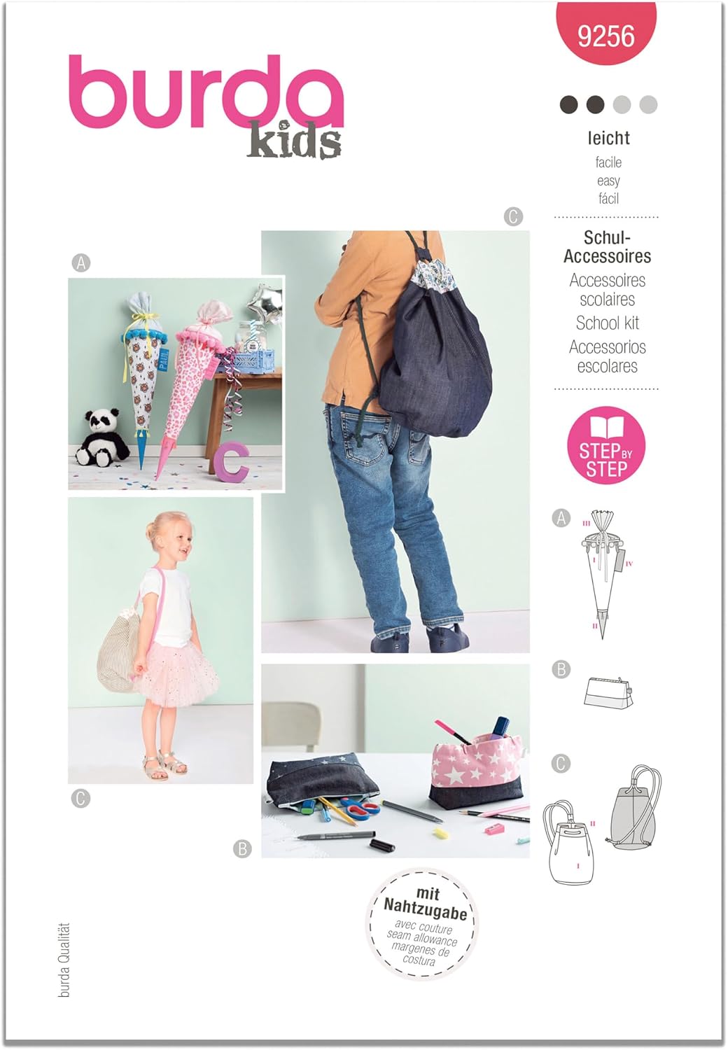 Burda Style X09256BURDA School Cone, Pencil Case and Gym Bag Sewing Pattern Packet, Design Code B9256, One Size