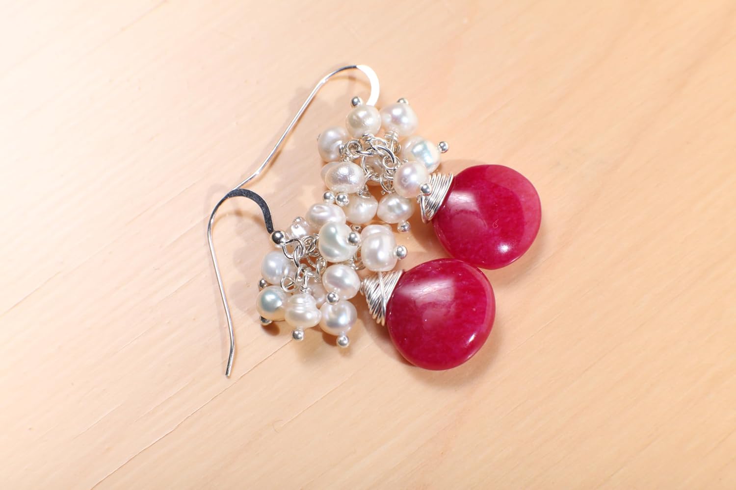 Freshwater Pearl Cluster with Hot Pink Fuchsia Quartz Heart Shape 15mm Teardrop Wire Wrapped Dangling Earrings in 925 Sterling Silver Earwire, Handmade Gift - Image 5