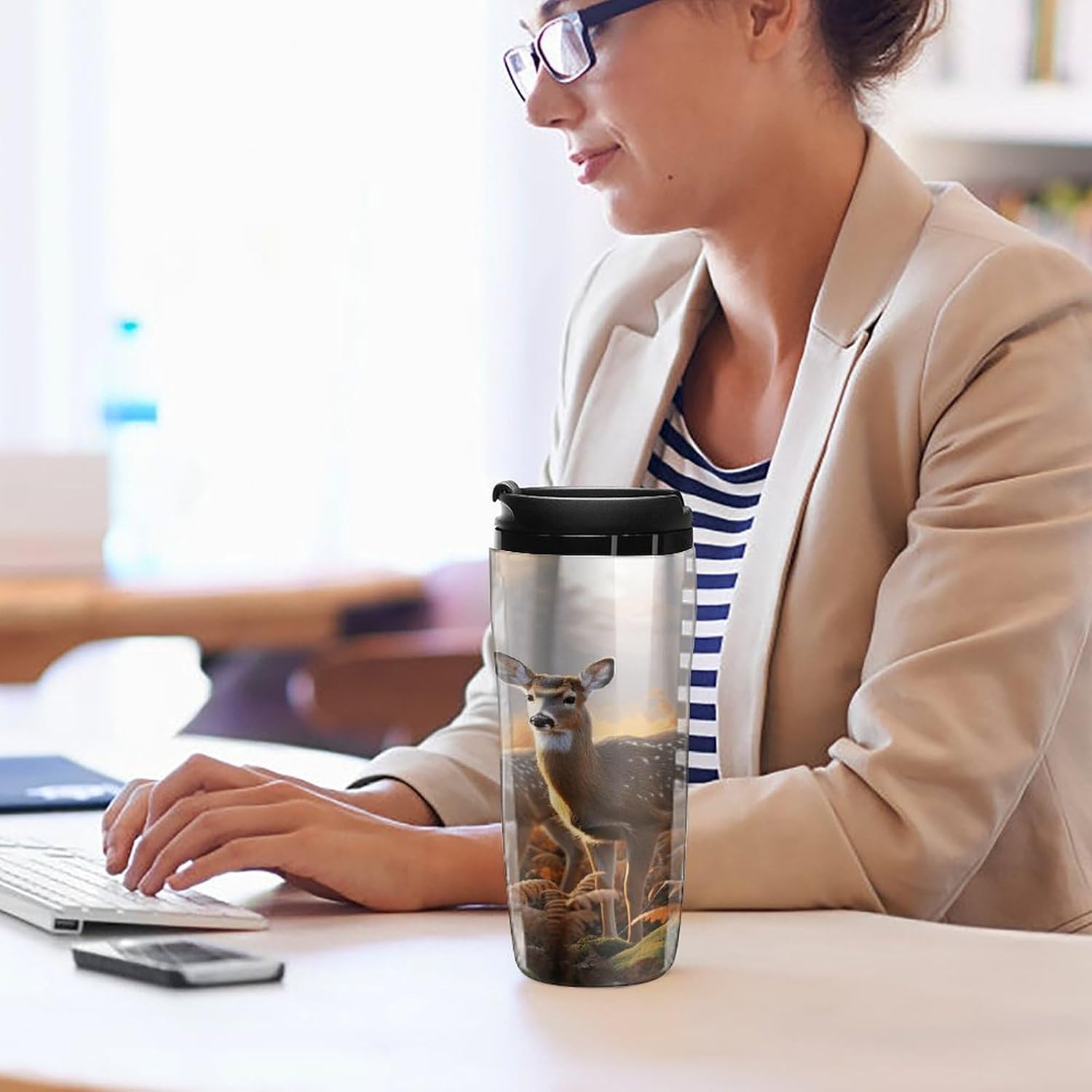 Cute Deers Coffee Cup Reusable Portable Water Bottle with Double-Walled Plastic,Coffee Mug for Hot & Cold Drinks, Cup Holder Friendly 350ml