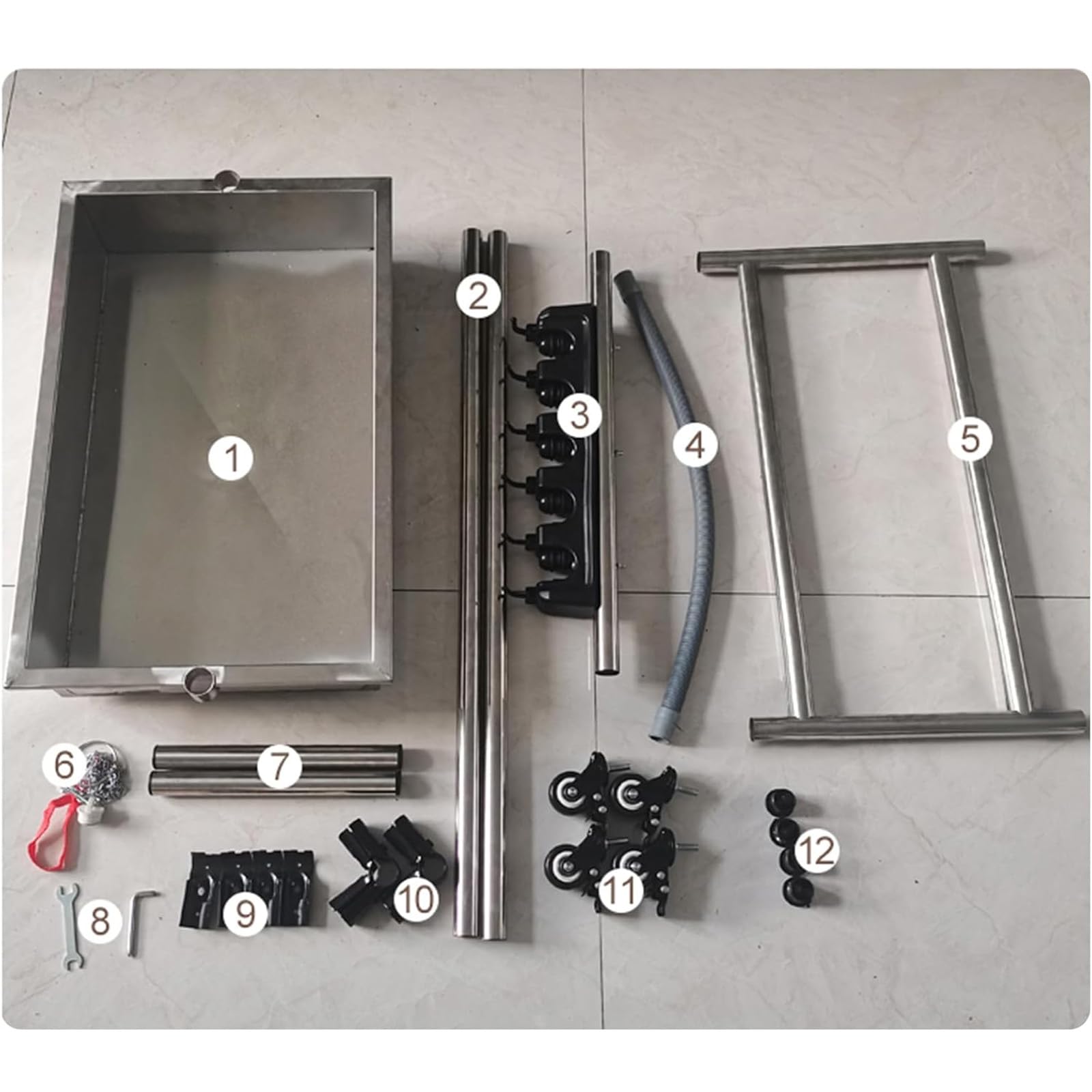 Carrito de limpieza con ruedas de 44 cm con tanque de agua, organizador de suministros de limpieza multifuncional, acero inoxidable, para garaje, jardín, armario, armario